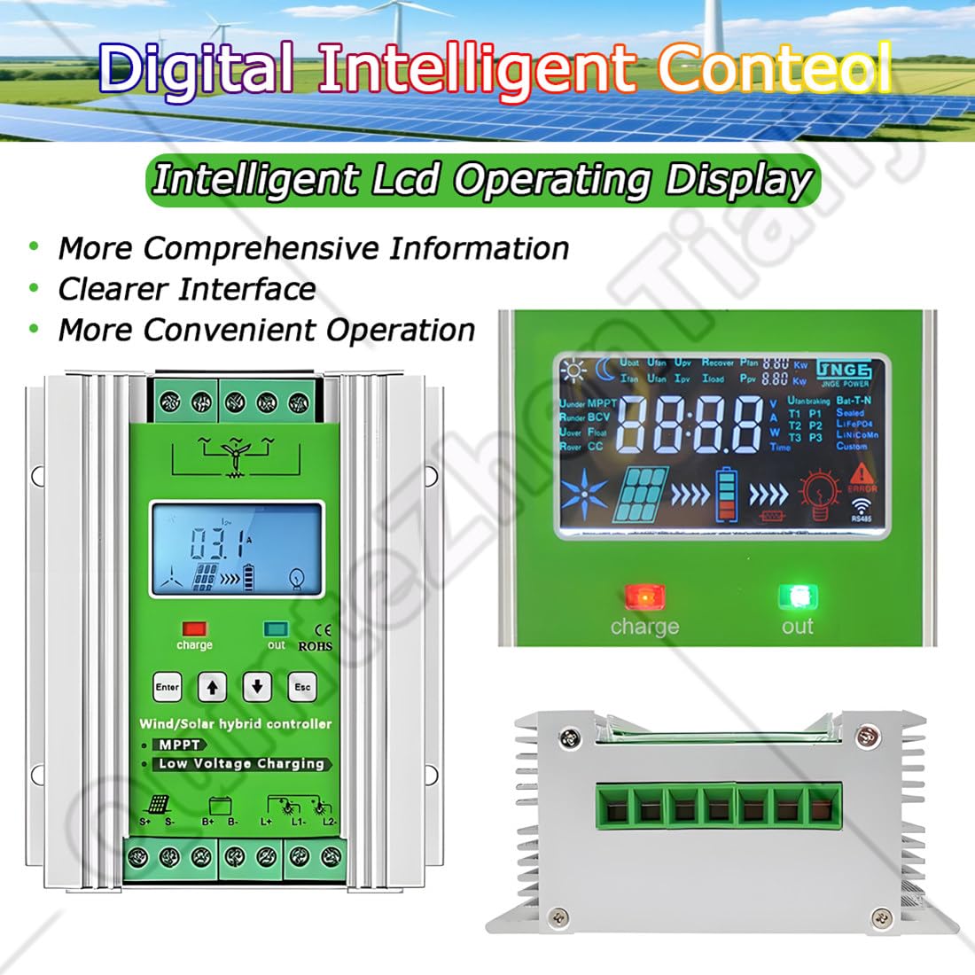 off Grid Mppt Wind Solar Hybrid Controller,Regolatore Carica Ibrido Solare Eolico App WiFi Mobile,umidità 10%~90% (Senza Condensa),Classe Protezione Ip30,per Eolico Pannelli 6000W