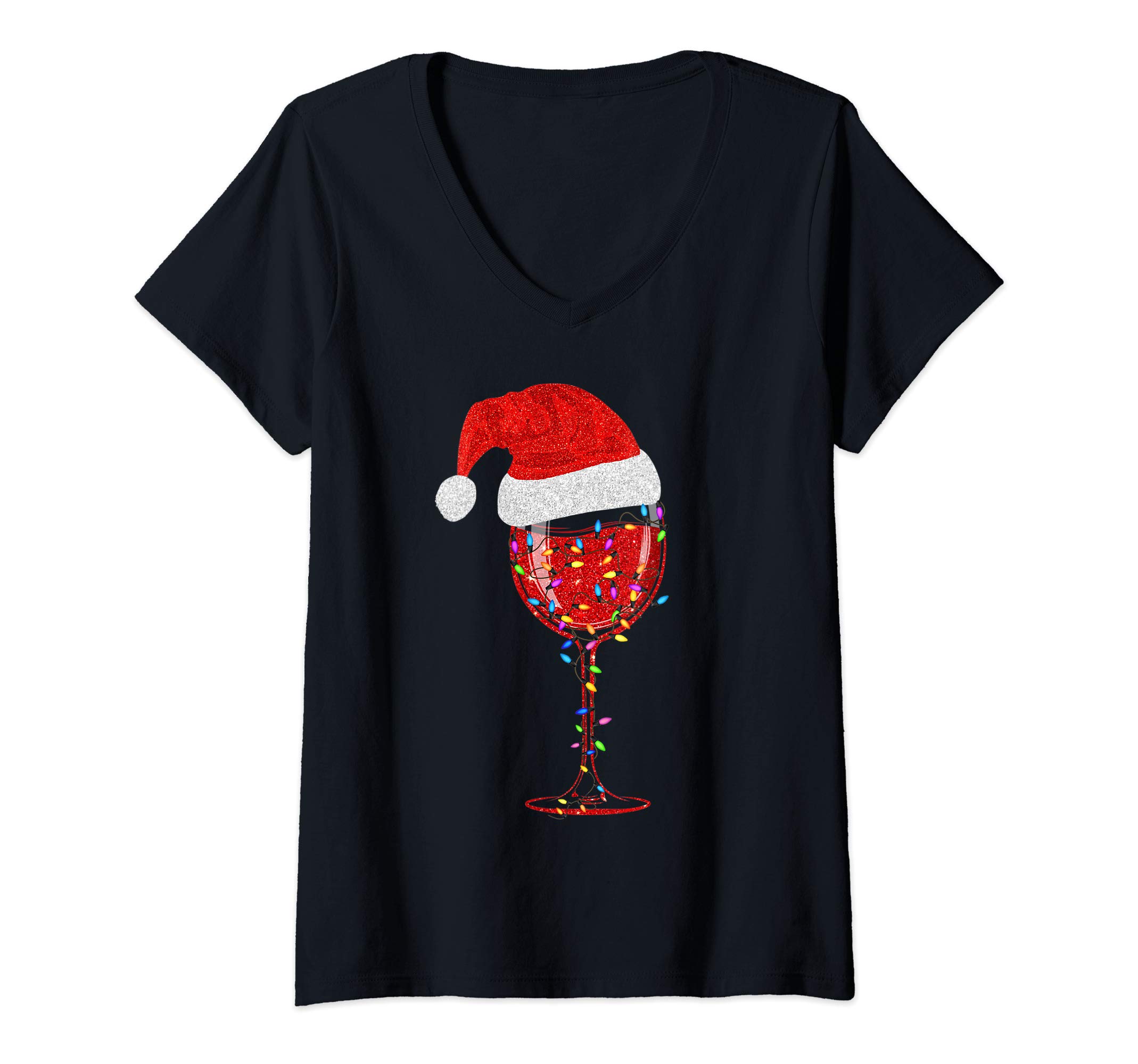 Womens Christmas Light Santa Hat Wine Glass : Funny Drinking Lover V-Neck T-Shirt