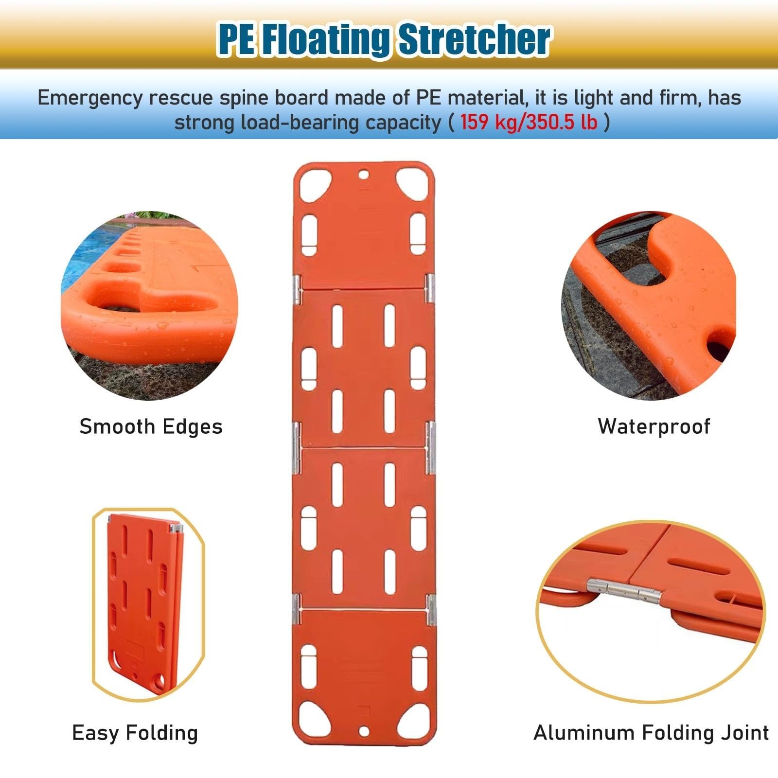 Tabla espinal flotante Ligera para rescate acuático, Kit de rescate compacto con Camilla y Tabla de espalda, para emergencias en Playa, Piscina o río, con inmovil, Orange