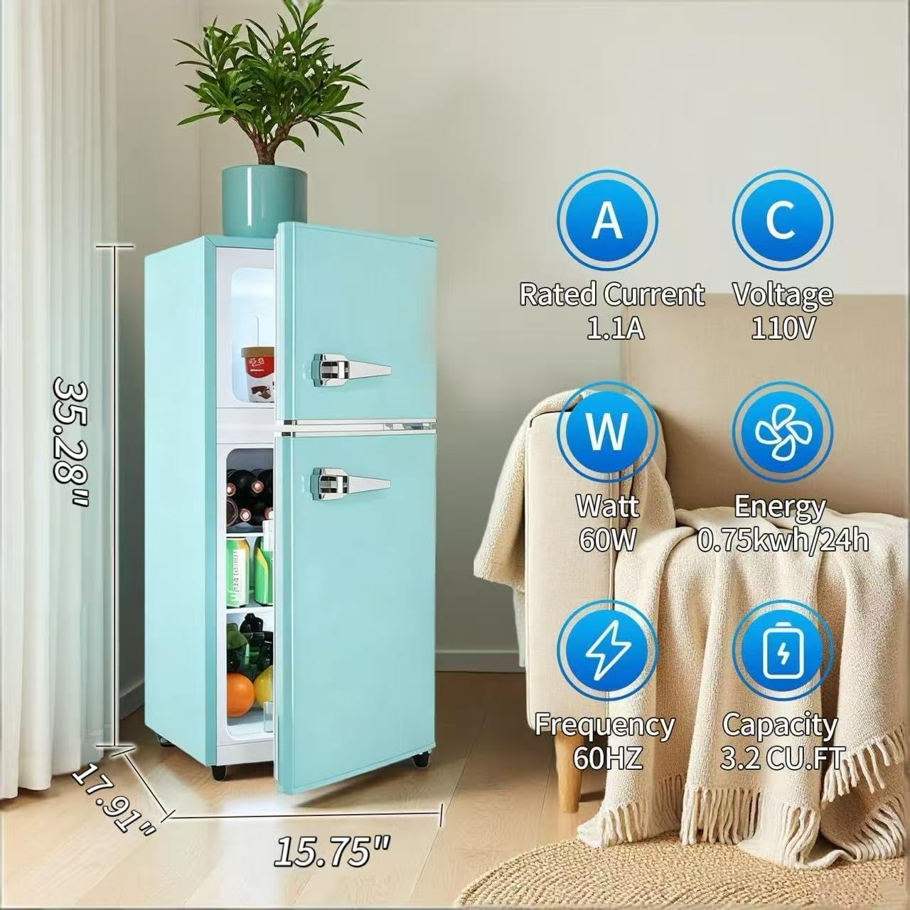 Anukis 3.2 Cu.Ft Retro Refrigerator With Freezer, 2 Door Mini Fridge With Adjustable Thermostat,Small Refrigerator For Apartment, Dorm, Office, Family, Basement, Garage (Mint Green) on Fridge.com - View 2