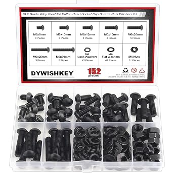 DYWISHKEY 152 Pieces M6 Black Screws, 10.9 Grade Alloy Steel M6x 8/10 /12/16 /20/25 /30mm Button Head Socket Cap Screws Bolts Nuts Washers Assortment Kit