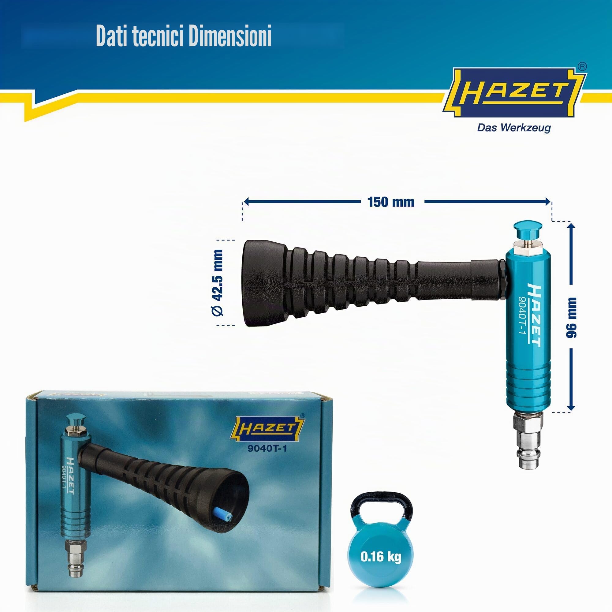 HAZET turbo air gun 9040T-1, ugello a turbina che genera un potente impulso daria, pressione di esercizio di 6 bar con impugnatura ergonomica, per la rimozione rapida di trucioli