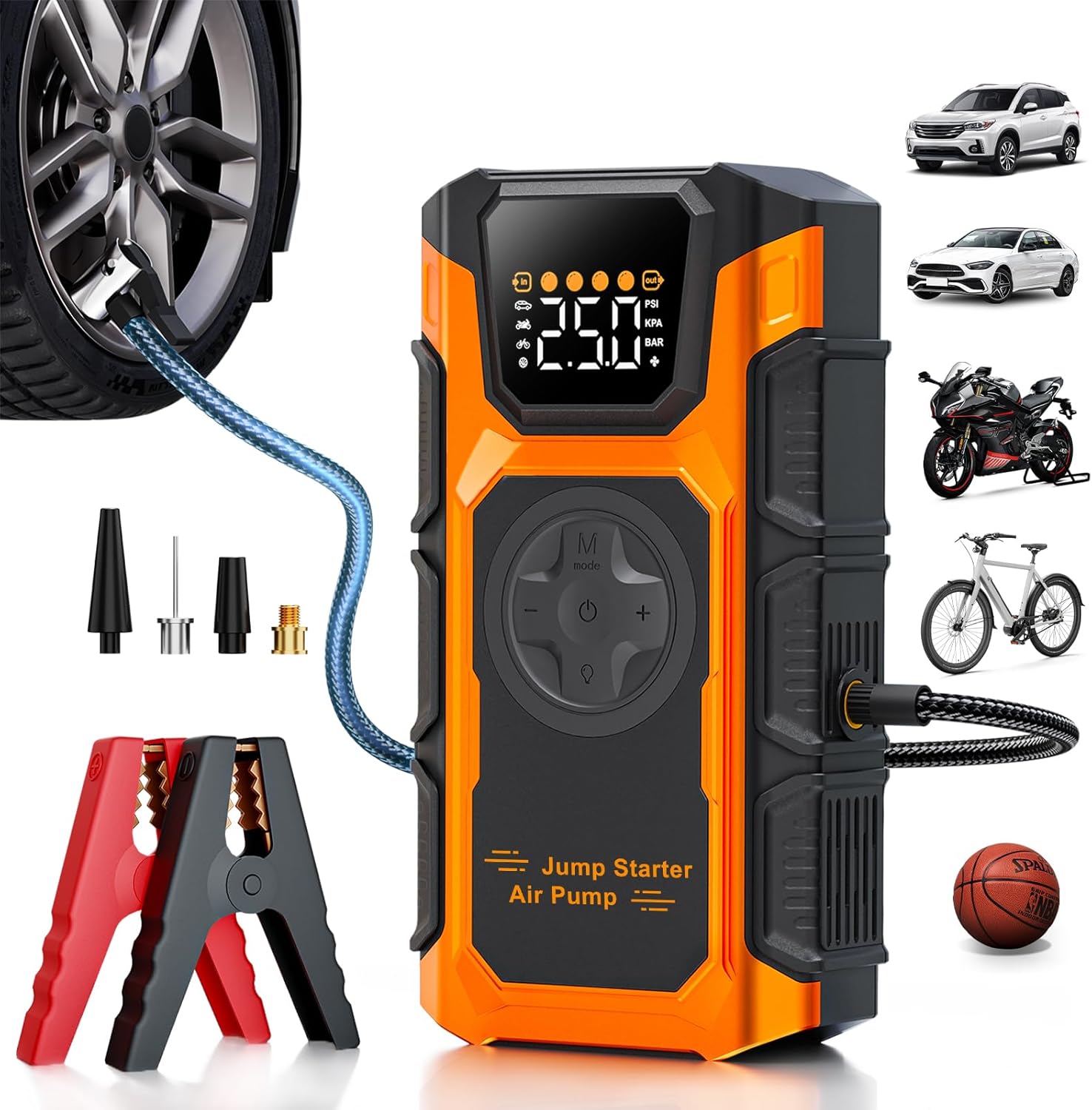 Tire Inflator Portable Air Compressor, 150 PSI Cordless Mini Air Pump for Car, Motorcycle, Bikes, Balls with Pressure Gauge&Auto Shutoff Function, 4500A Car Battery Jump Starter with LED Light