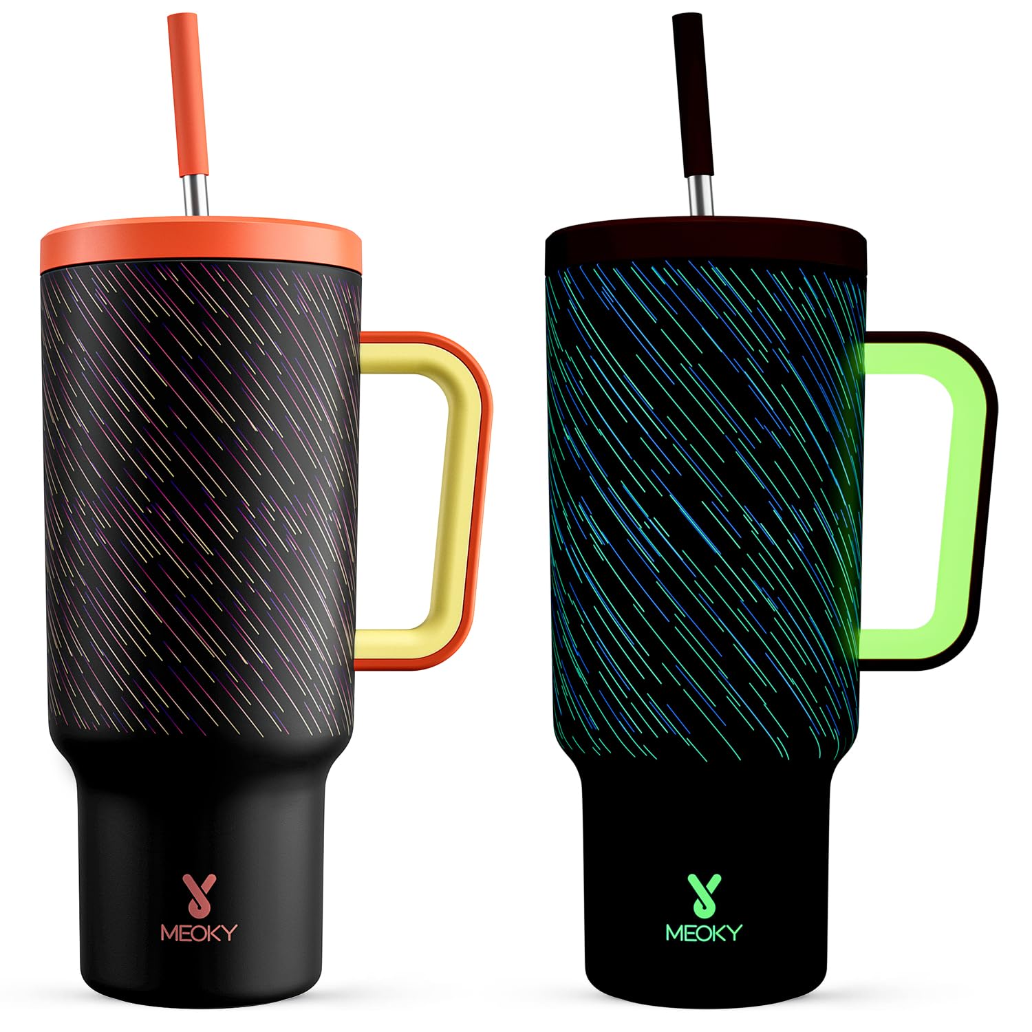 Meoky Glow in the Dark Tumbler: 40 oz Tumbler with Handle and Straw- Stainless Steel Insulated Tumbler for Car Cup Holders - Travelers Commuters Workers (1 Pack, Shooting Star)