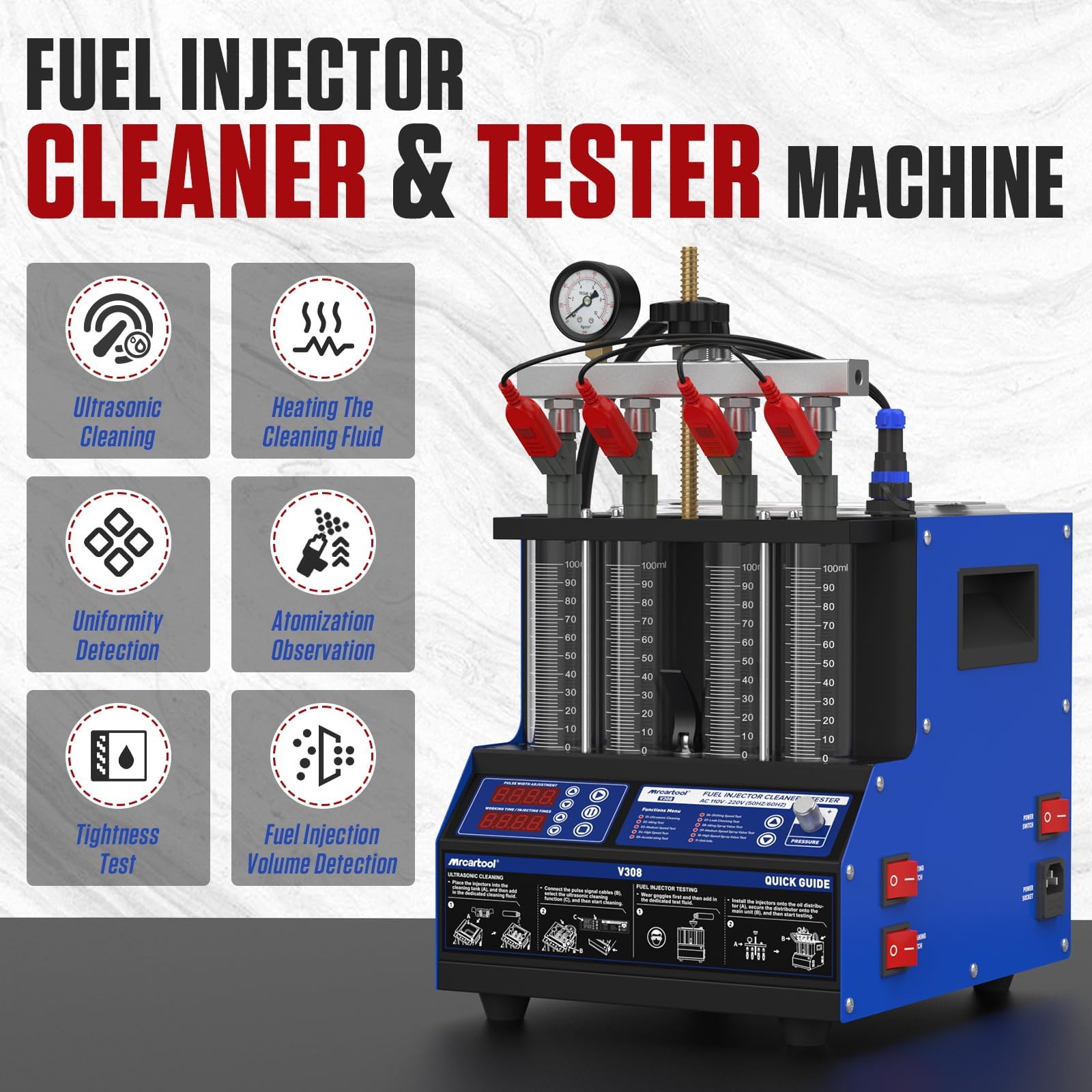 V308 Limpiador de inyectores de combustible, probador de limpieza por ultrasonidos con 9 modos de prueba, sistema de combustible de 4 cilindros, kit de herramientas de limpieza por inyección para