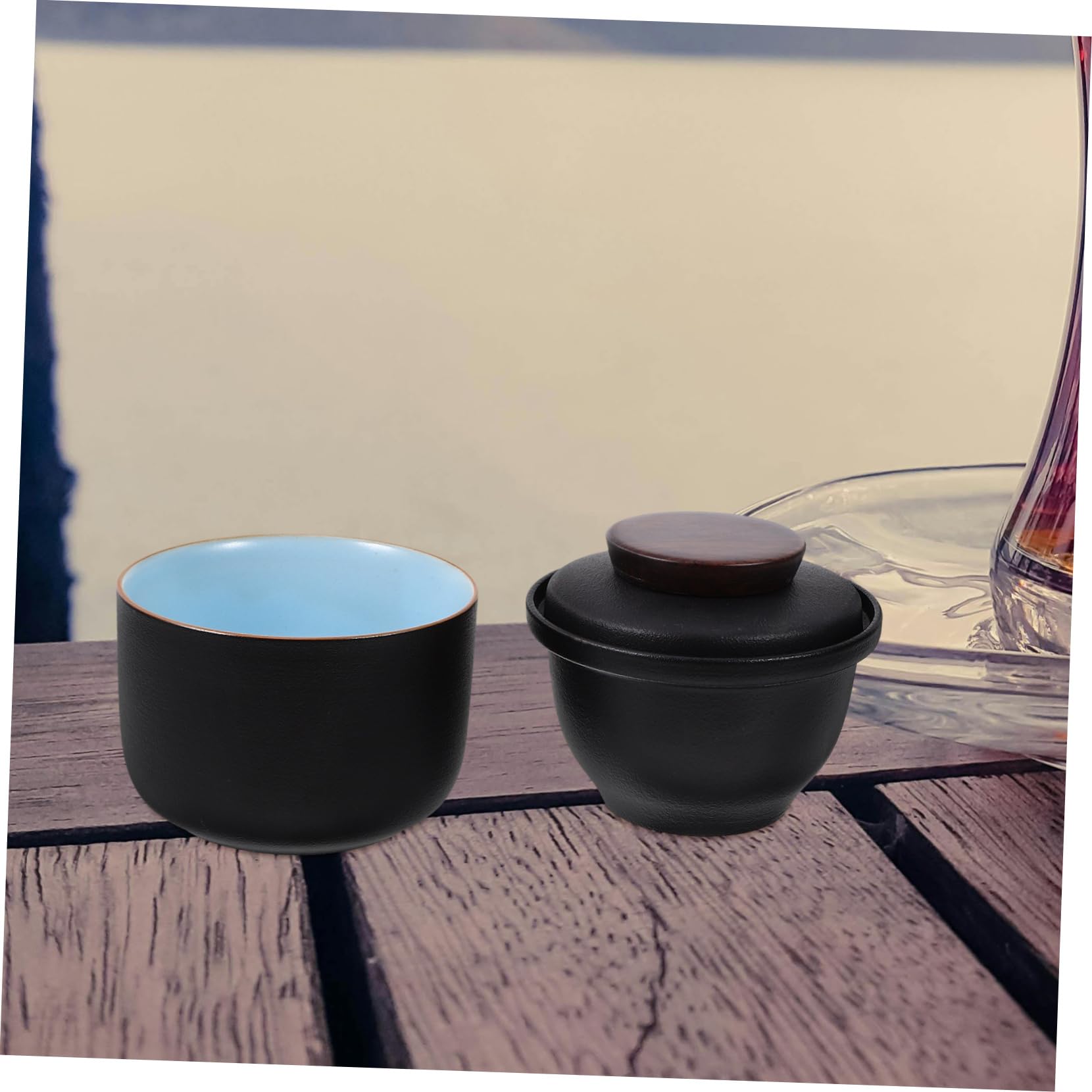 COLLBATH Keramik Reise Teeset 1 Satz in Schwarz für Unterwegs | Kleiner Satz mit Tasse und Teedose, Robust und Formstabil, Rutschfeste Nutzung bei Reisen