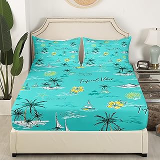 Manfei Summer Beach Kids Fitted Sheet Queen Size,Tropical Coconut Trees Hawaii Bedding Set,Girls Boys Adults Room Decor,Starfish Flowers Plants Romantic Bed Cover,Colorful Bed Sheet,2 Pillowcases