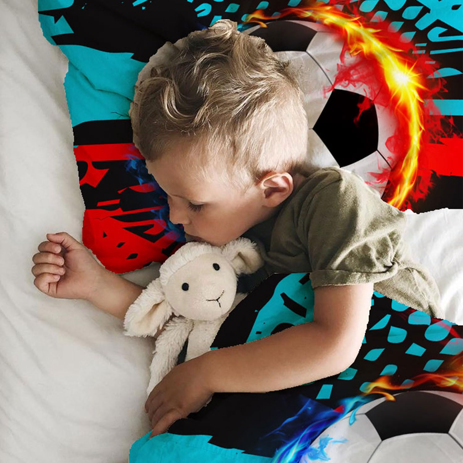 DJDEA Toddlers Duvet Cover Sets 120 x 150cm, Football Pattern Print Junior/Cot Duvet Cover Set - Image 4