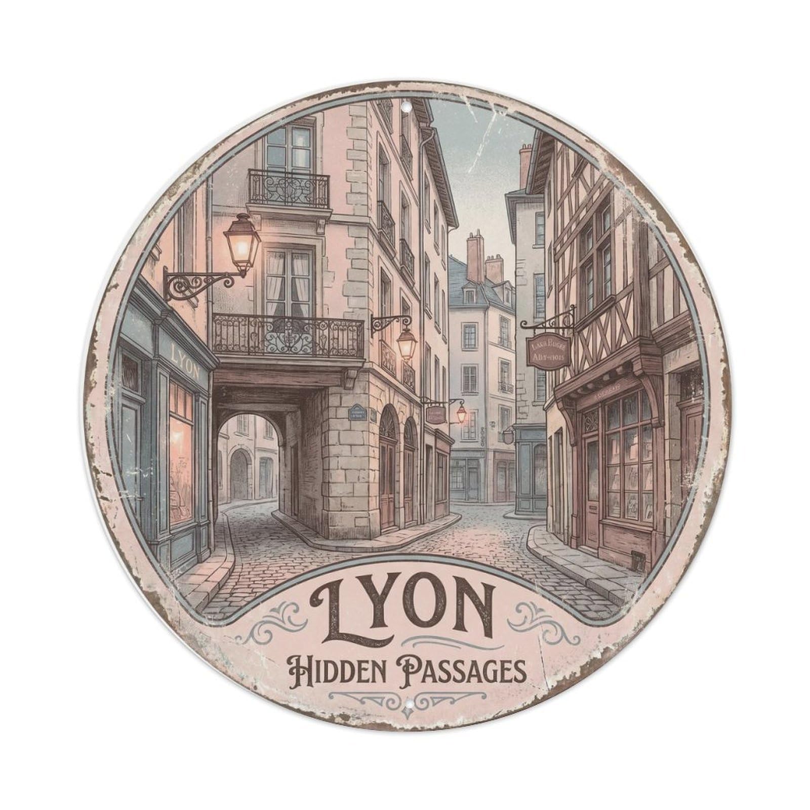 Vintage Travel Lyon Oldtown France Metal Tin Sign