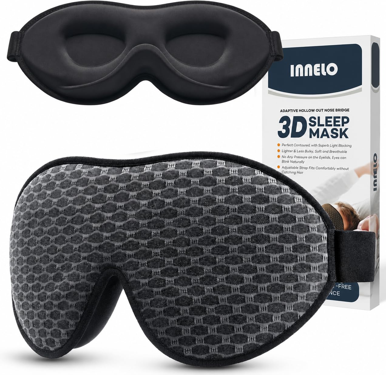 INNELO Schlafmaske aus Baumwolle für Seitenschläfer, Verbesserte 3D Lichtblockierende Schlafmaske mit Gehörschutz, Ultraweiche und Bequem Augenmaske, Schlafbrille mit klettverschluss für Frauen,Herren
