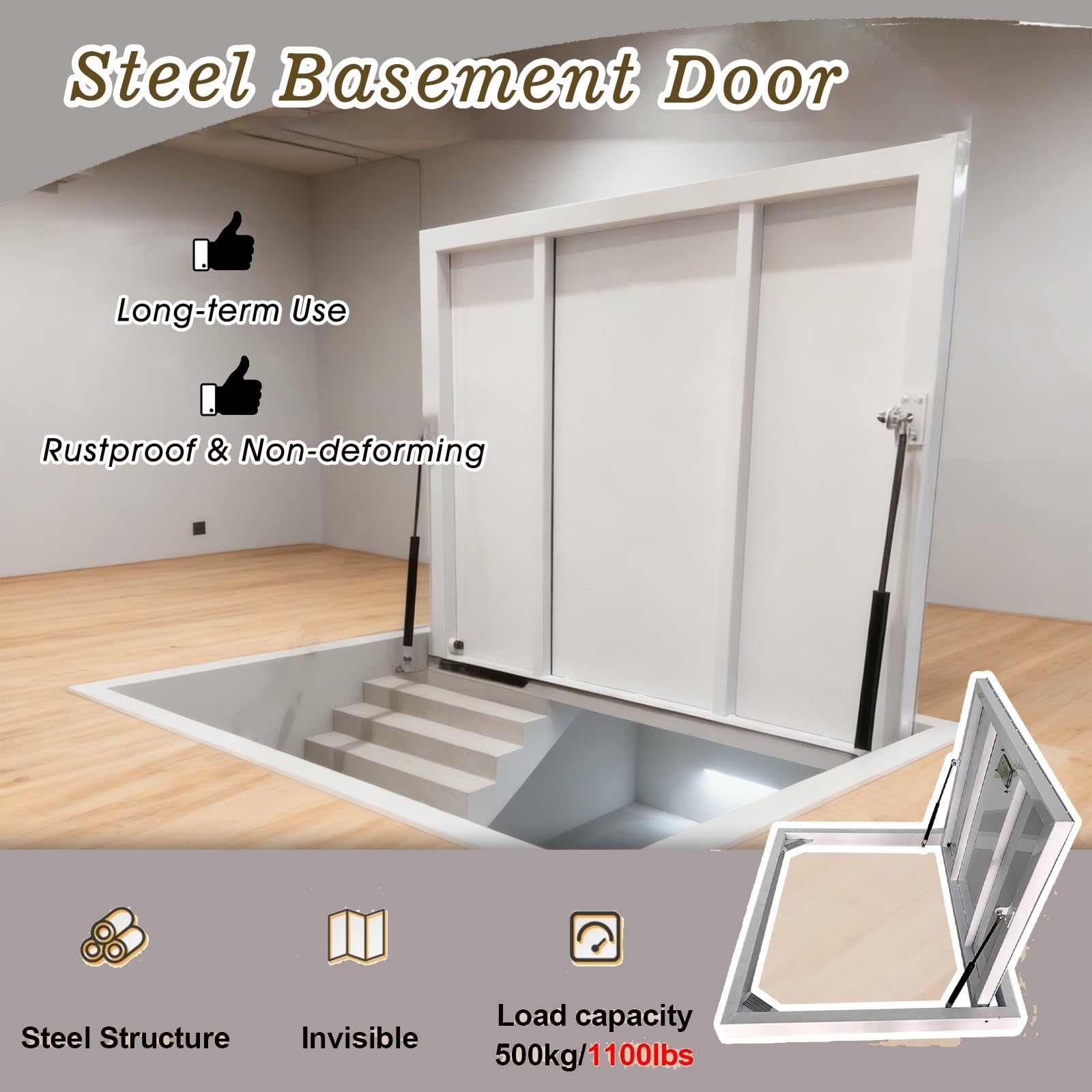 Trappe de plancher encastrée sans couture pour porte d'entrée hydraulique de sous-sol (L 142,2 x 50,8 cm, 6,248 cm en option)