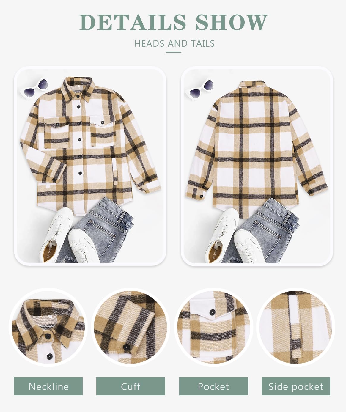 Beaully Women's Flannel Plaid Shacket Long Sleeve Button Down Shirts Jacket Coats with Side Pockets