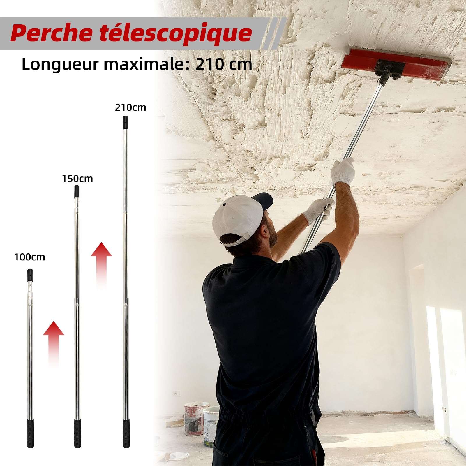 VKE Set Couteau a Enduire en Acier Inoxydable 20, 30, 35, 40 & 60 cm, Spatule Enduit Set avec Poignée d'Extension 1-2.1 m et Lame de Rechange, Couteau à Enduire Inclus, Lot de 23