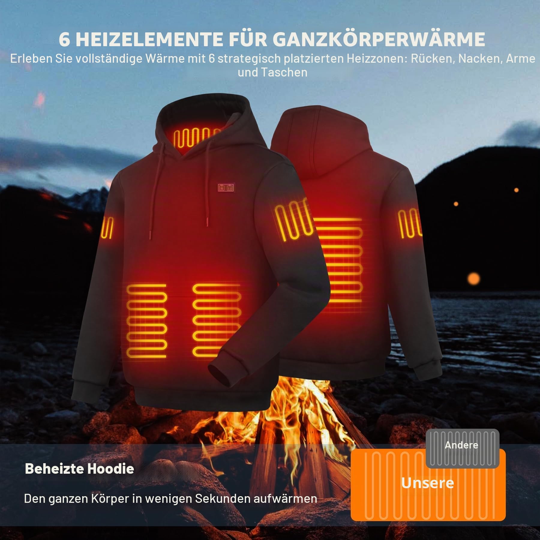 Beheizbarer Hoodie Damen Herren mit Fleecefutter 7,4 V 16000 mAh Akku, Beheizbare Pullover Beheizte Jacke für Skifahren Motorrad Camping, 3 Temperaturstufen 6 Heizzonen
