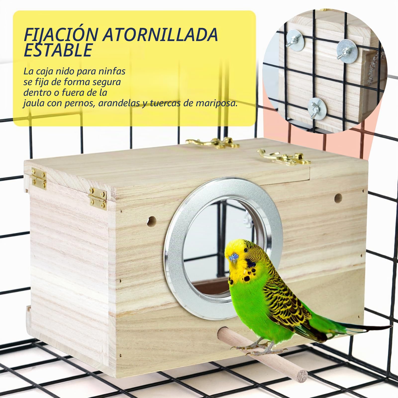 Caja Nido Madera para Periquitos - Caja Transparente para Cría de Pájaros con Pértiga y Ventana Redonda