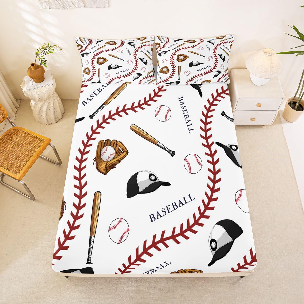 Homewish Prześcieradło z gumką z daszkiem King Baseball Party Prześcieradła Gra Piłka Sport Motyw Zestaw pościeli dla dzieci Chłopcy Dziewczęta, Nowość Ball Sznurowane Czapki Narzuta na łóżko 3 szt