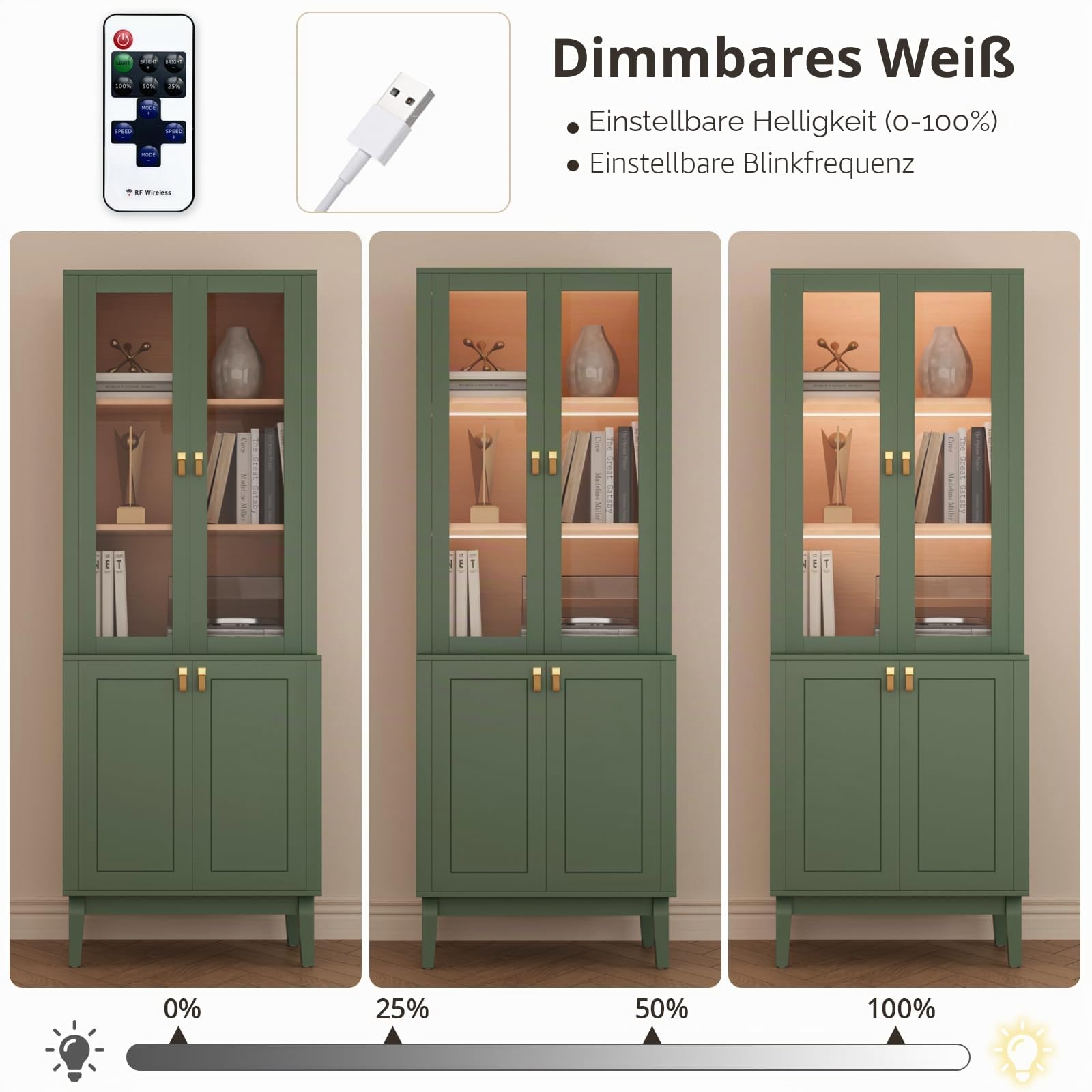 VOWNER TV-Möbel, 240 cm, TV-Schrank mit Glastüren und Regalen, Wohnzimmermöbel mit integriertem LED-Licht für Fernseher bis 127 cm, moderner Aufbewahrungsschrank (Grün, 5 Stück)