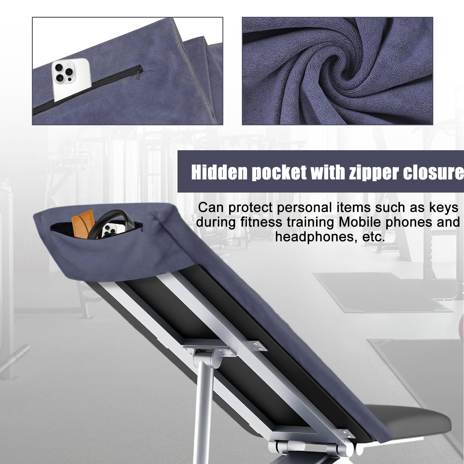 Toalla de fitness Baieye 120x50CM, toalla deportiva con bolsillo con cremallera oculta, toalla absorbente de microfibra para deportes, toalla de entrenamiento para gimnasio, yoga, al aire libre y