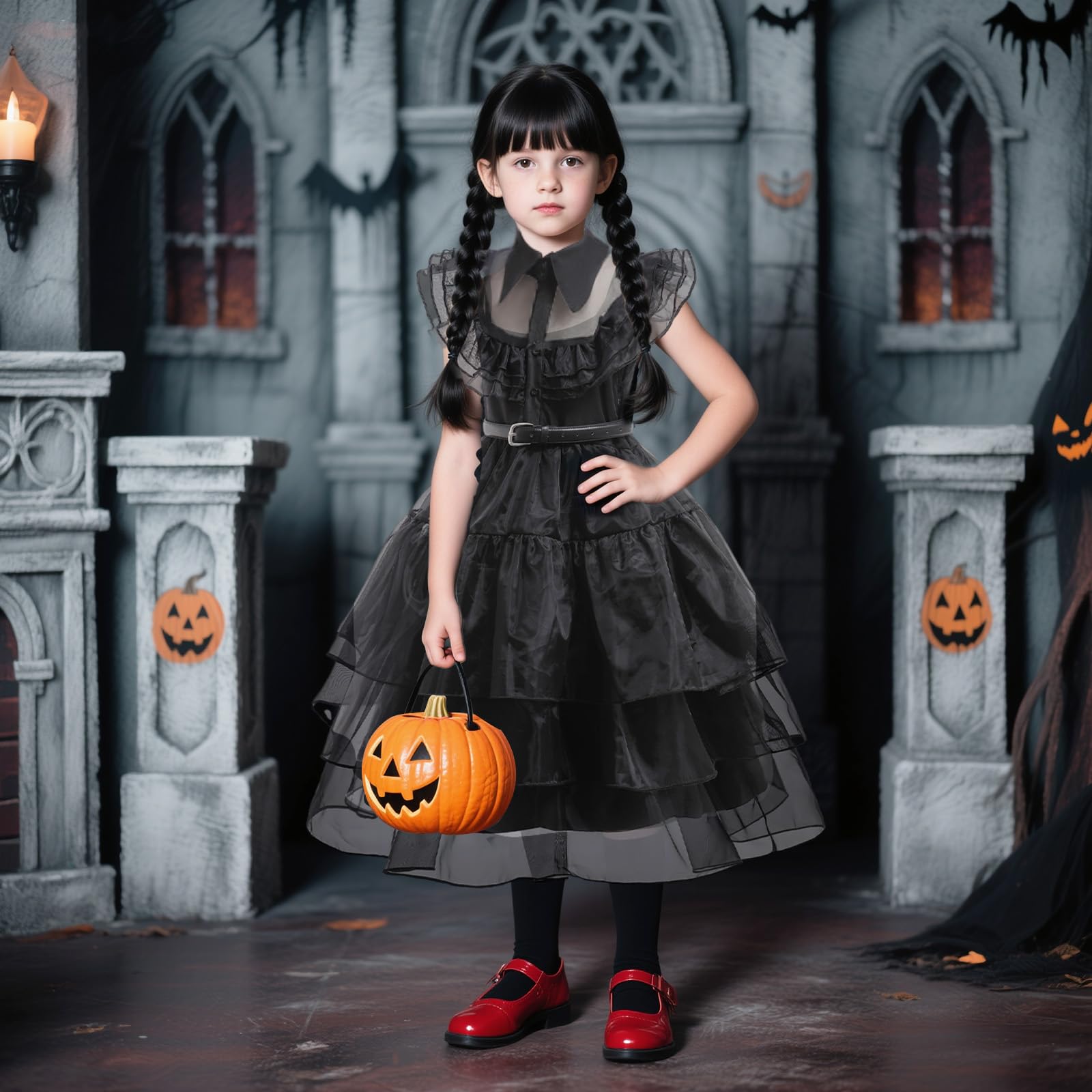 yumcute Vestido Gótico Niñas Princesa Disfraz Halloween para Niñas Vestidos para con Peluca Cinturón Calcetines Disfraz Negro Princesa Niña Halloween Carnaval Cosplay Fiesta 4-11 Años