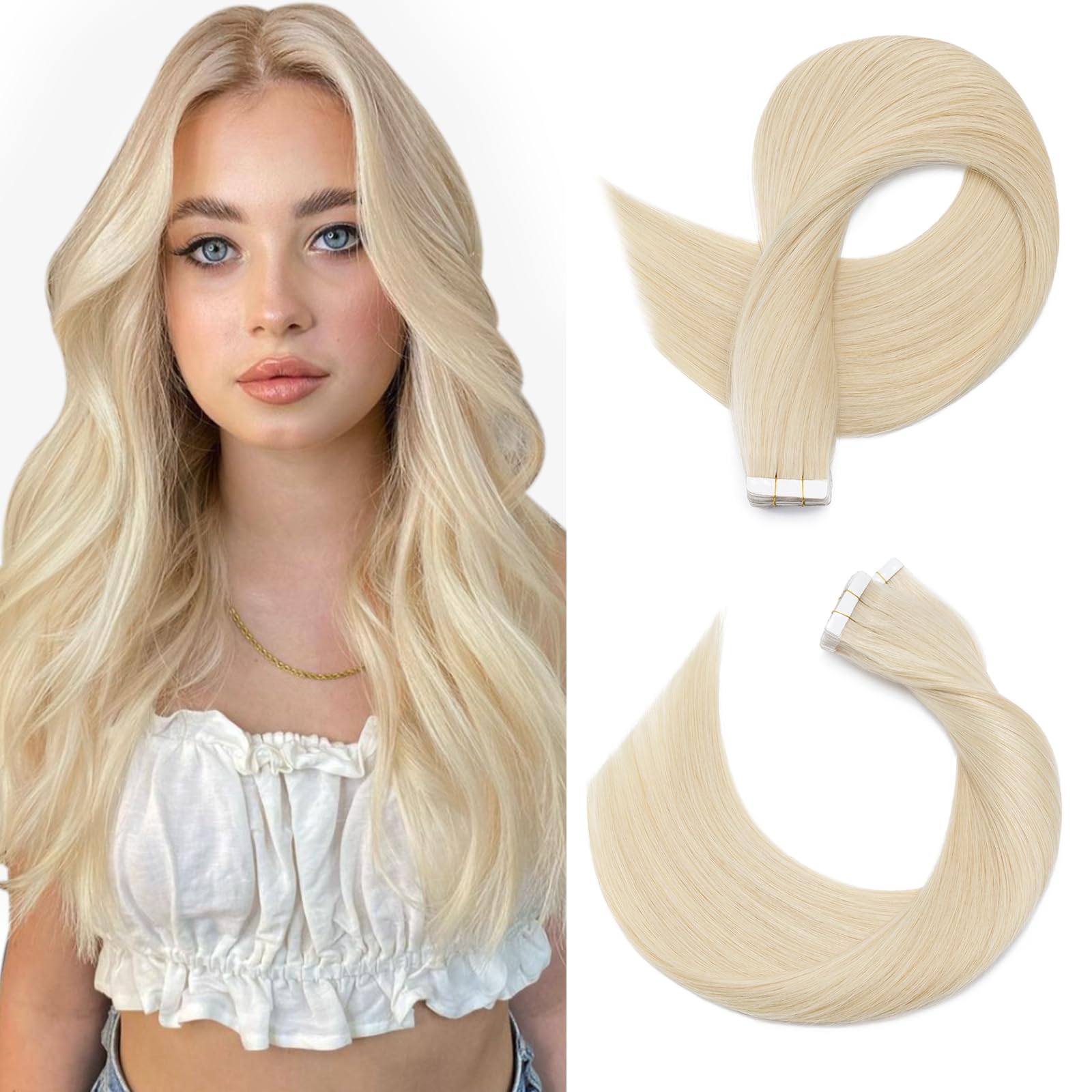 SEGOHAIR Tape in Hair Extensions Human Hair, 14" Invisible 10Pcs Real Hair Straight Natural Remy Tape Hair Extensions - Platinum Blonde
