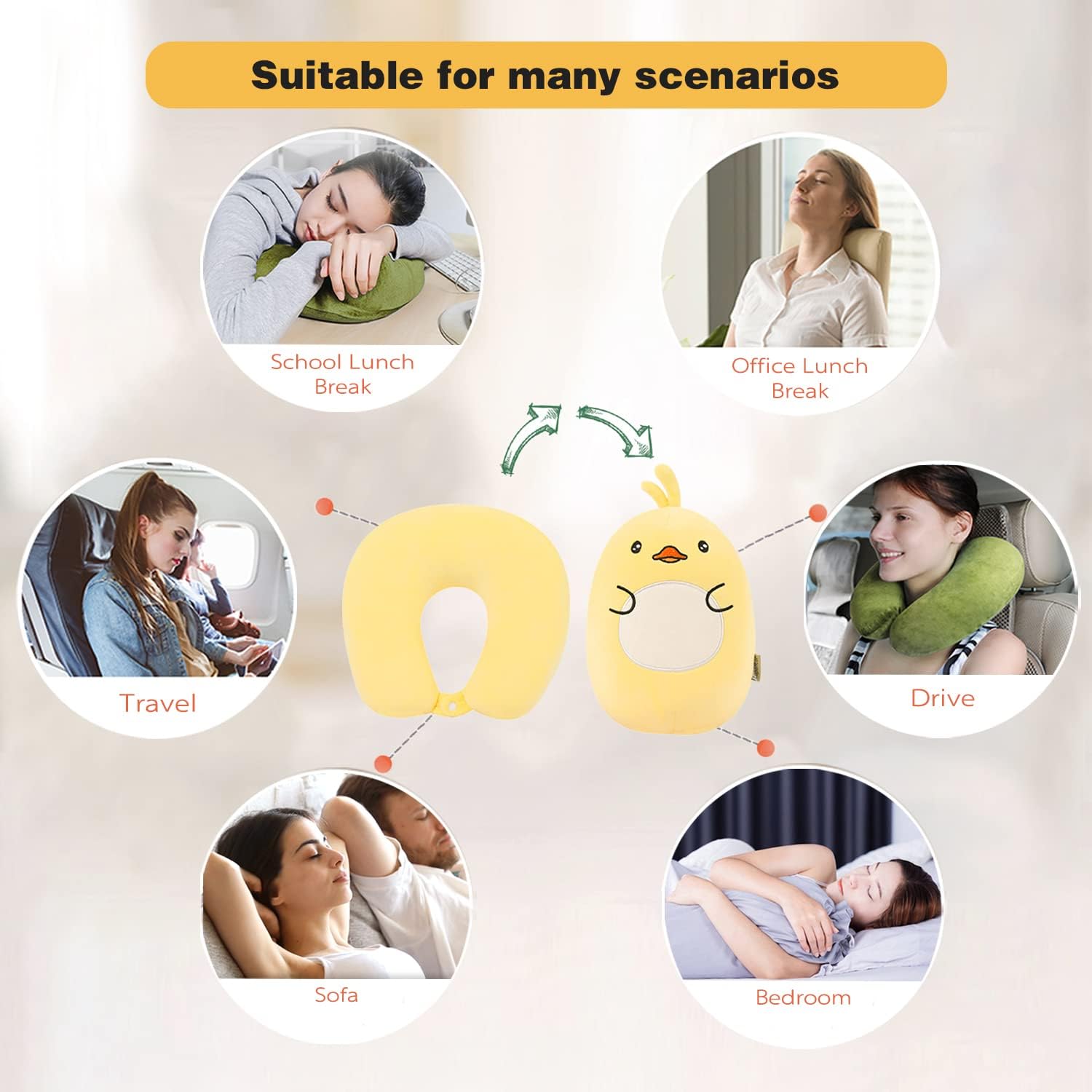Appui-tête déformable 2 en 1 en forme de U, oreiller en peluche d'animal de dessin animé, oreiller de voyage portable en forme de U, oreiller de bureau, petit canard jaune