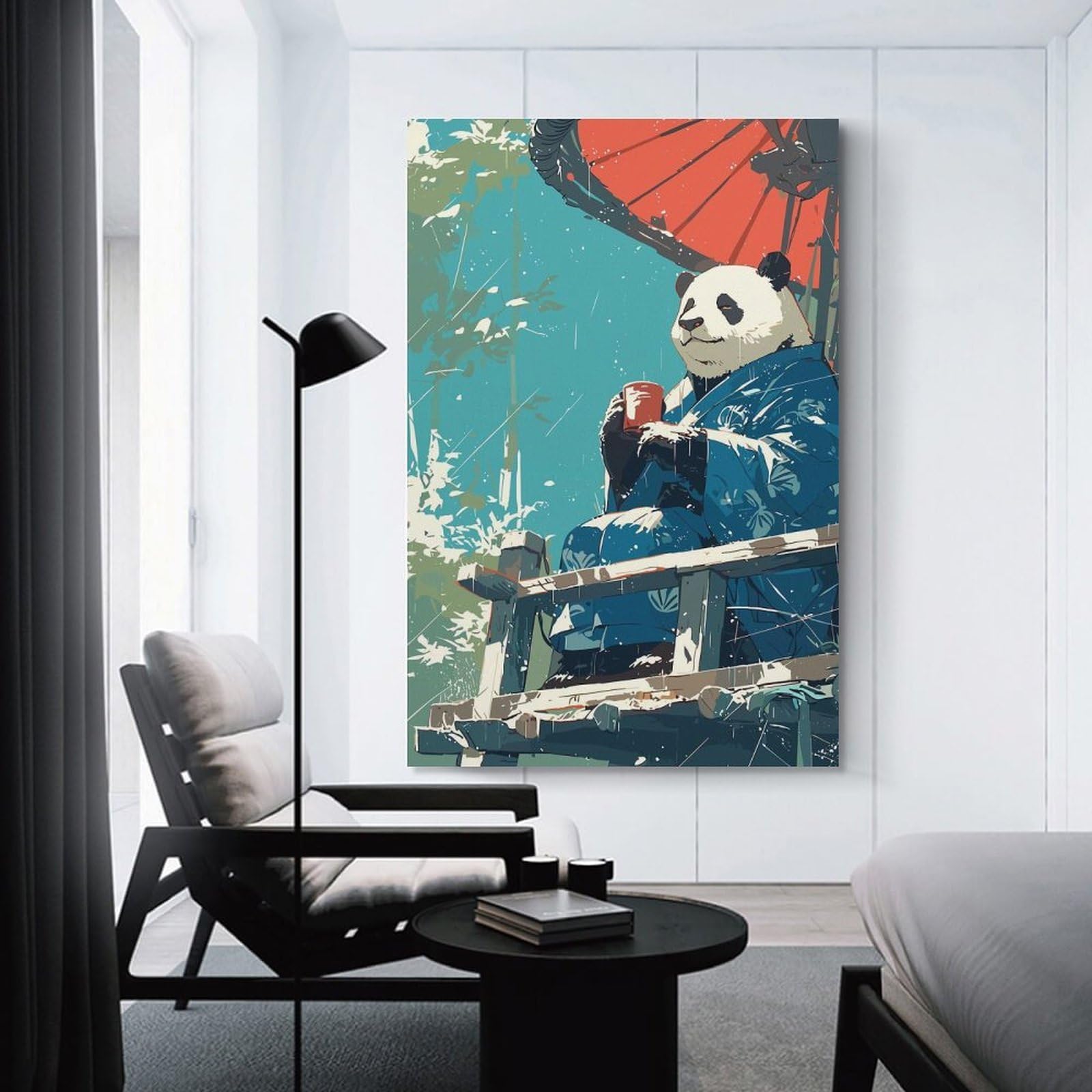 Junmoney Japanese Panda Kimono Canvas Wall Art, 12x18inch(30x45cm), for Bedroom, Guest Room Or Reading Nook, Decorative Wall Art for Cosy Rooms