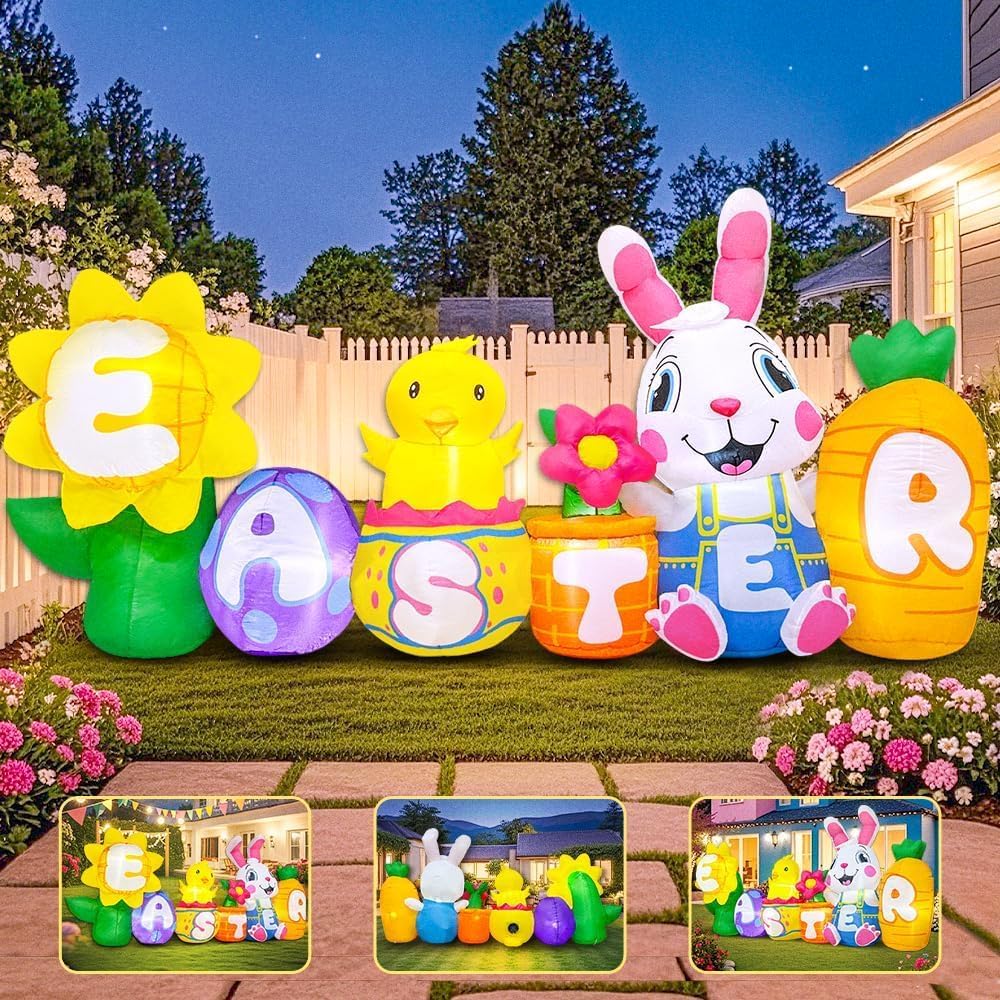 KOOY 8FT Long Easter Inflatable Bunny Outdoor Decorations with Egg Chick Carrot and Sunflower, Built-in LED Lights Easter Bunny Blow Up Yard Decoration for Lawn Garden Holiday Party - Image 5