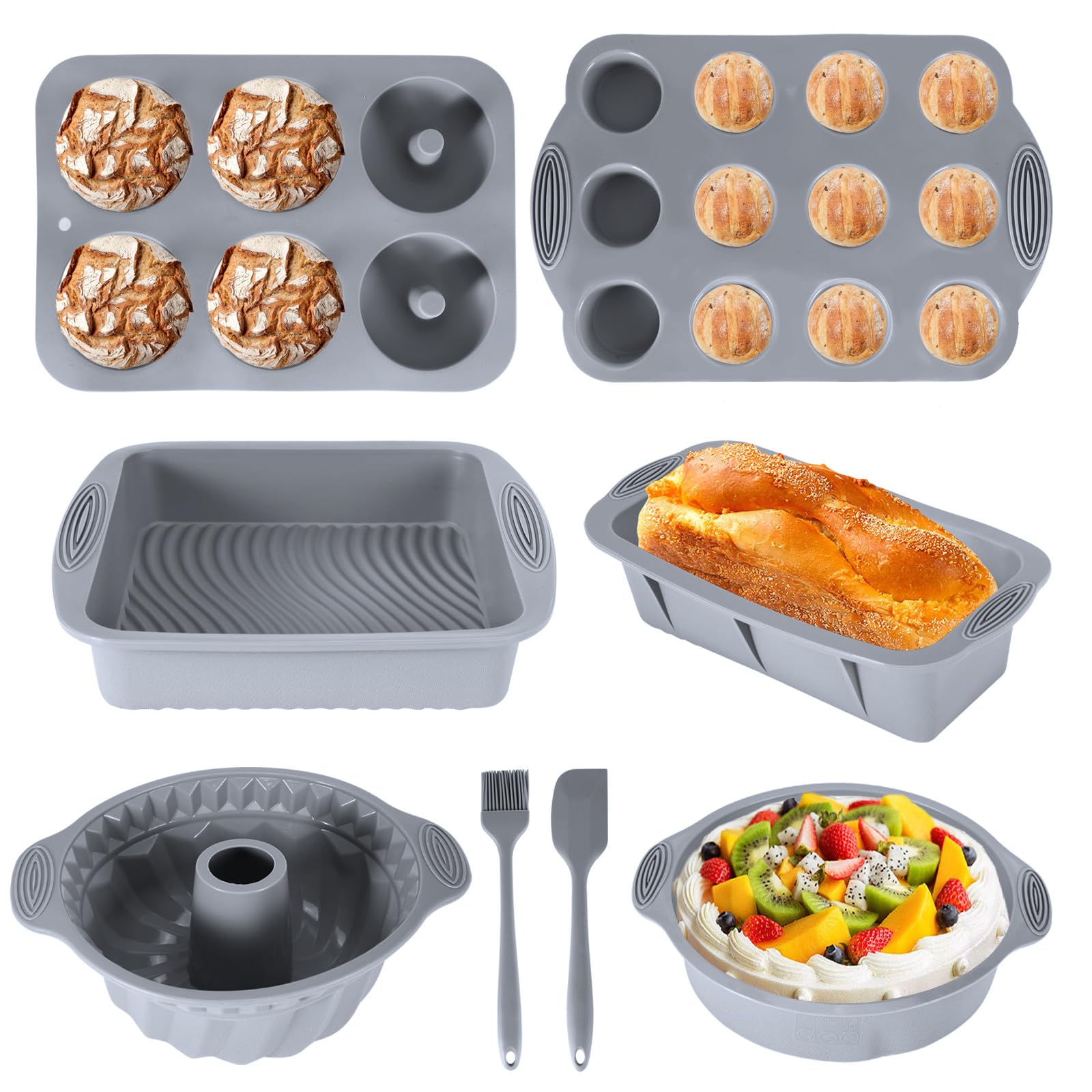Silikon Backformen Set, 8 Stück Silikon Backform Gugelhupf Brotbackform Kuchenform Muffinform, Springform Backform mit Teigschaber und Backpinsel Für Backen Brot Toast Kuchen Cupcake Muffin