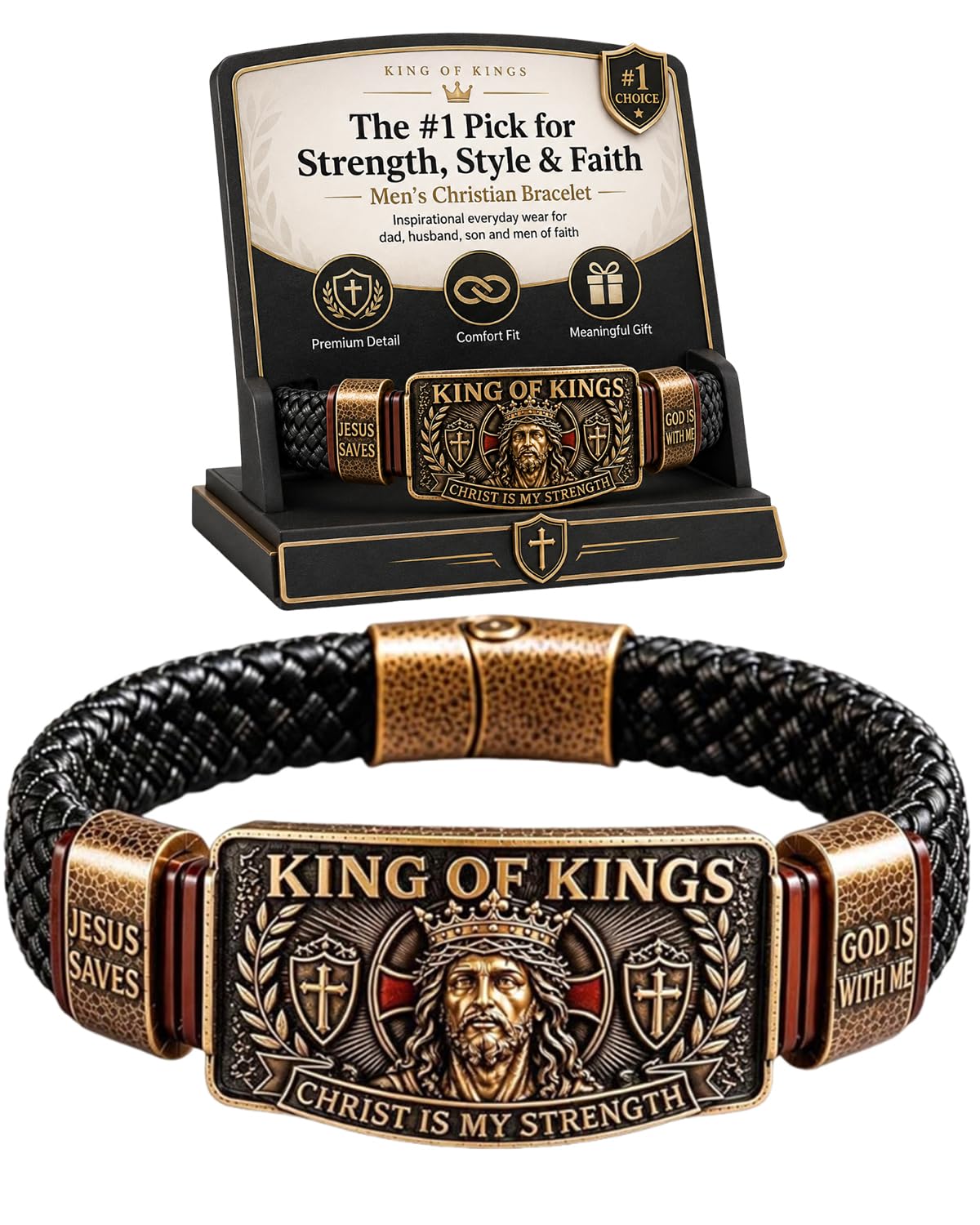 Jesus Bracelets for Men King of Kings Faith Bracelet Adjustable Christian Wristband Gift Handmade Christ Religious Ultimate Tribute Engraved Crowns Leather Wristbands Wear Belief with Pride