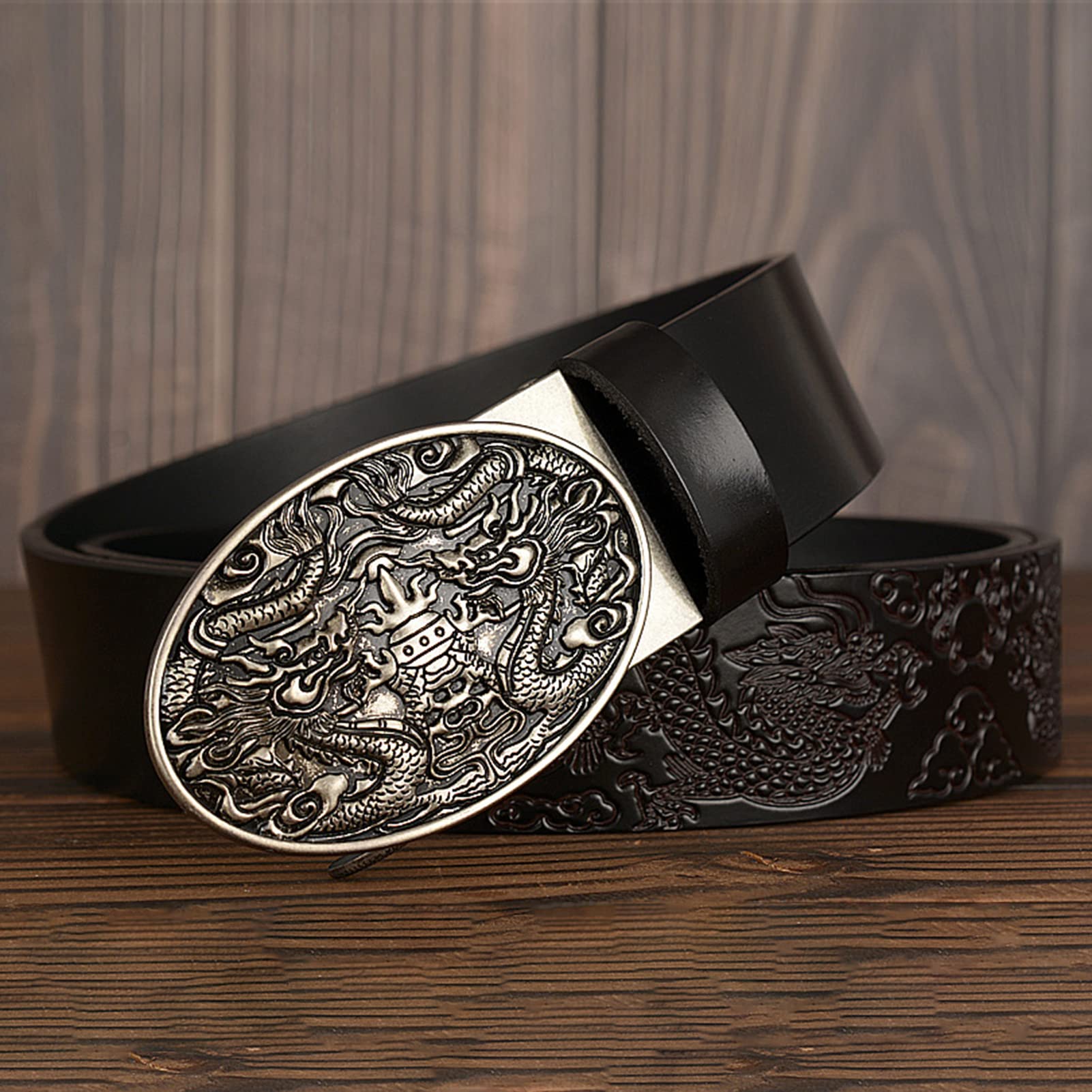 Cintura da Cowboy da Uomo, Cintura in Pelle Goffrata con Fibbia a Drago Scorrevole Automatico, Cintura Di Lunghezza 110-130 Cm, Cintura in Pelle Di Mucca con Fibbia Automatica/Dron~G/120Cm/Wa