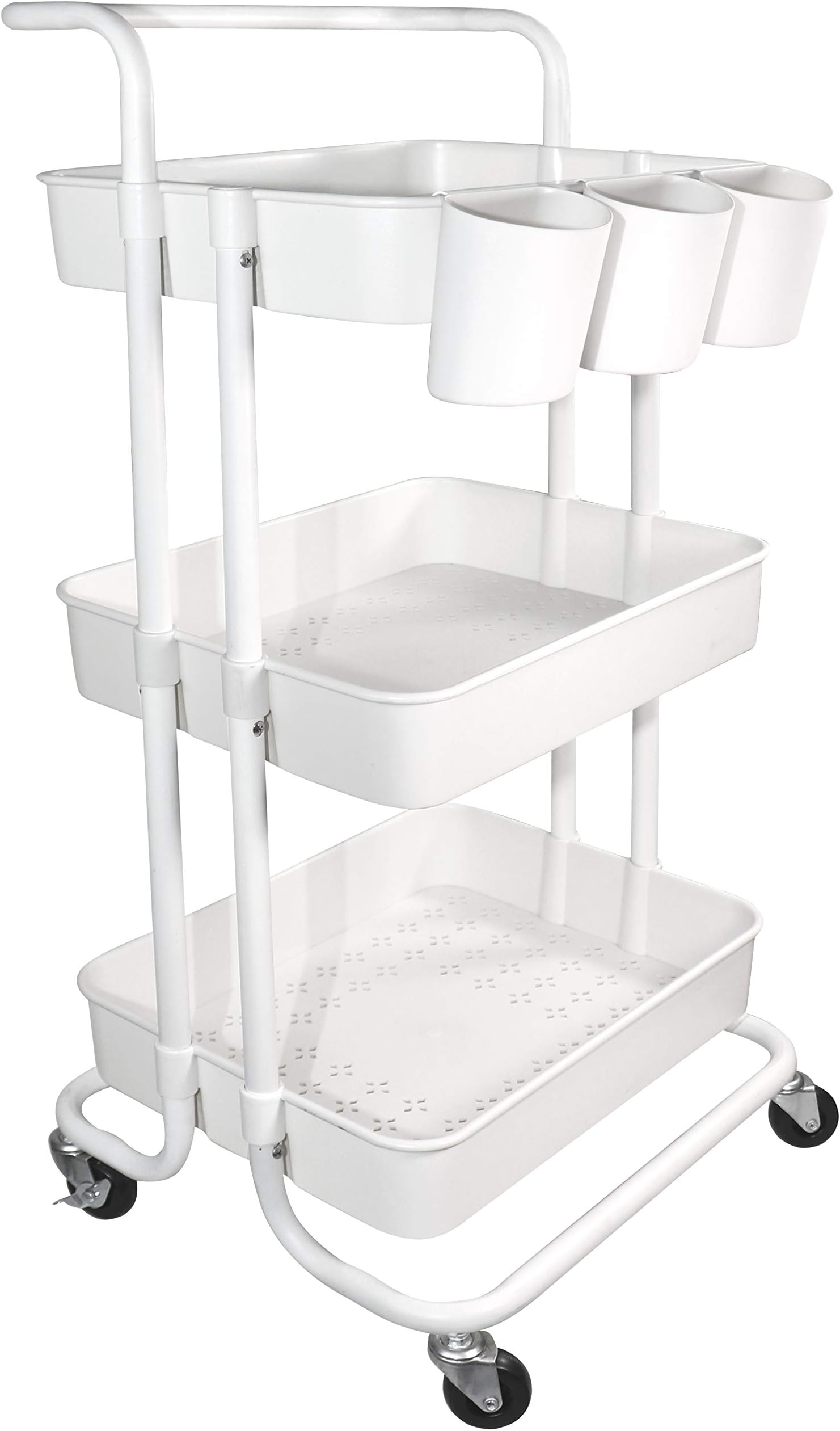 Ceeyali 3-Tier Rolling Utility Cart Multifunction Storage Shelf Organizer Cart with Handle Lockable Wheels and 3PCS Cup for Home Kitchen,Bathroom,Office,Laundry Room etc. (White)