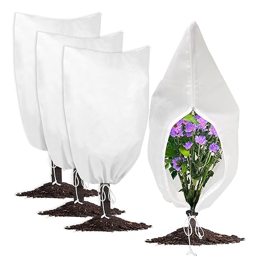 Plant Covers Freeze Protection, 4 Pack 23.6''W x 31.5''H Frost Covers with Zipper Drawstring, Plant Protection Bags for Outdoor, Winter Trees Frost Cold Cloth for Plant, White