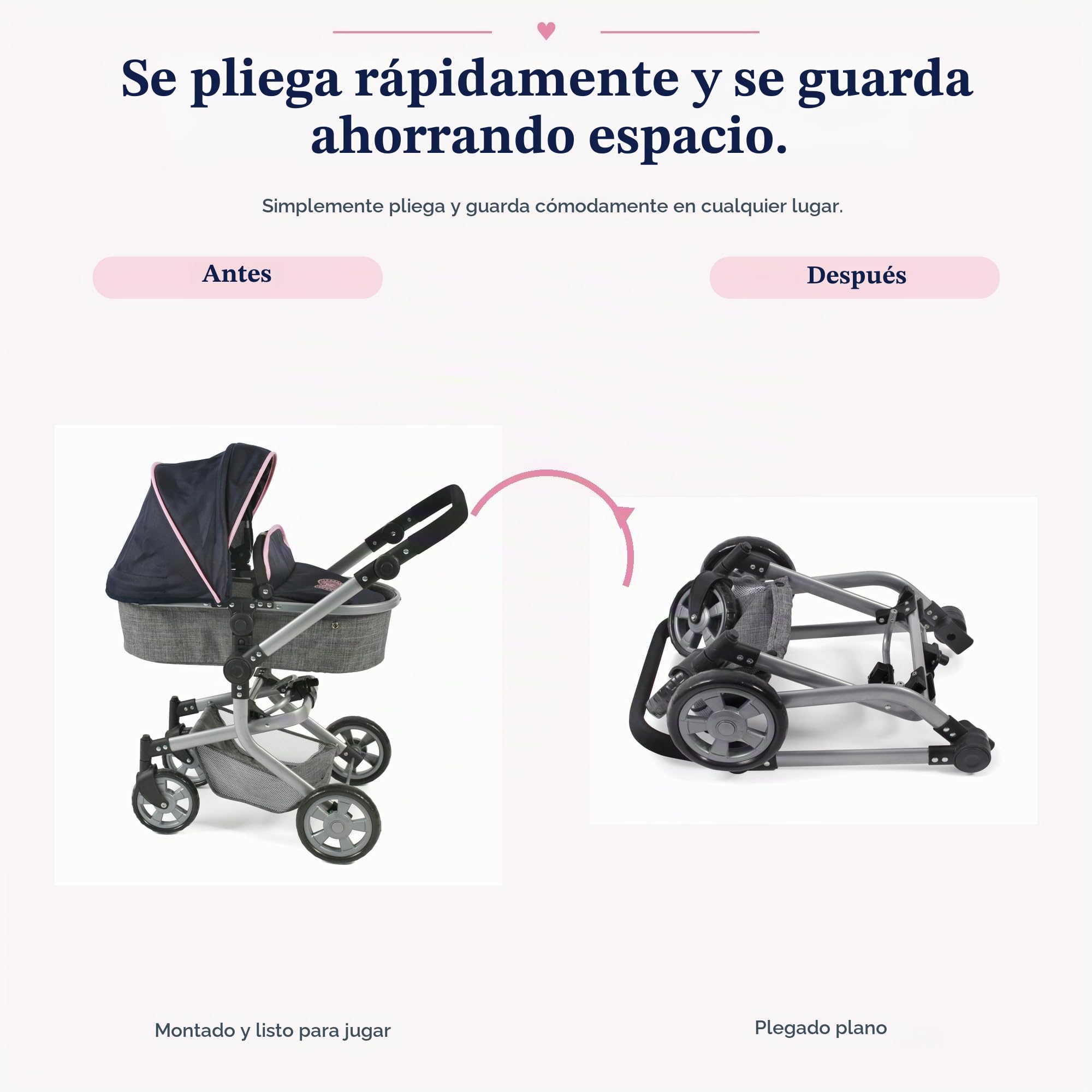 Bayer Chic 2000-59526 - Cochecito de muñecas Mika, 2 en 1 para niños de 4 a 8 años, Color Gris Marino, 47 cm-80 cm