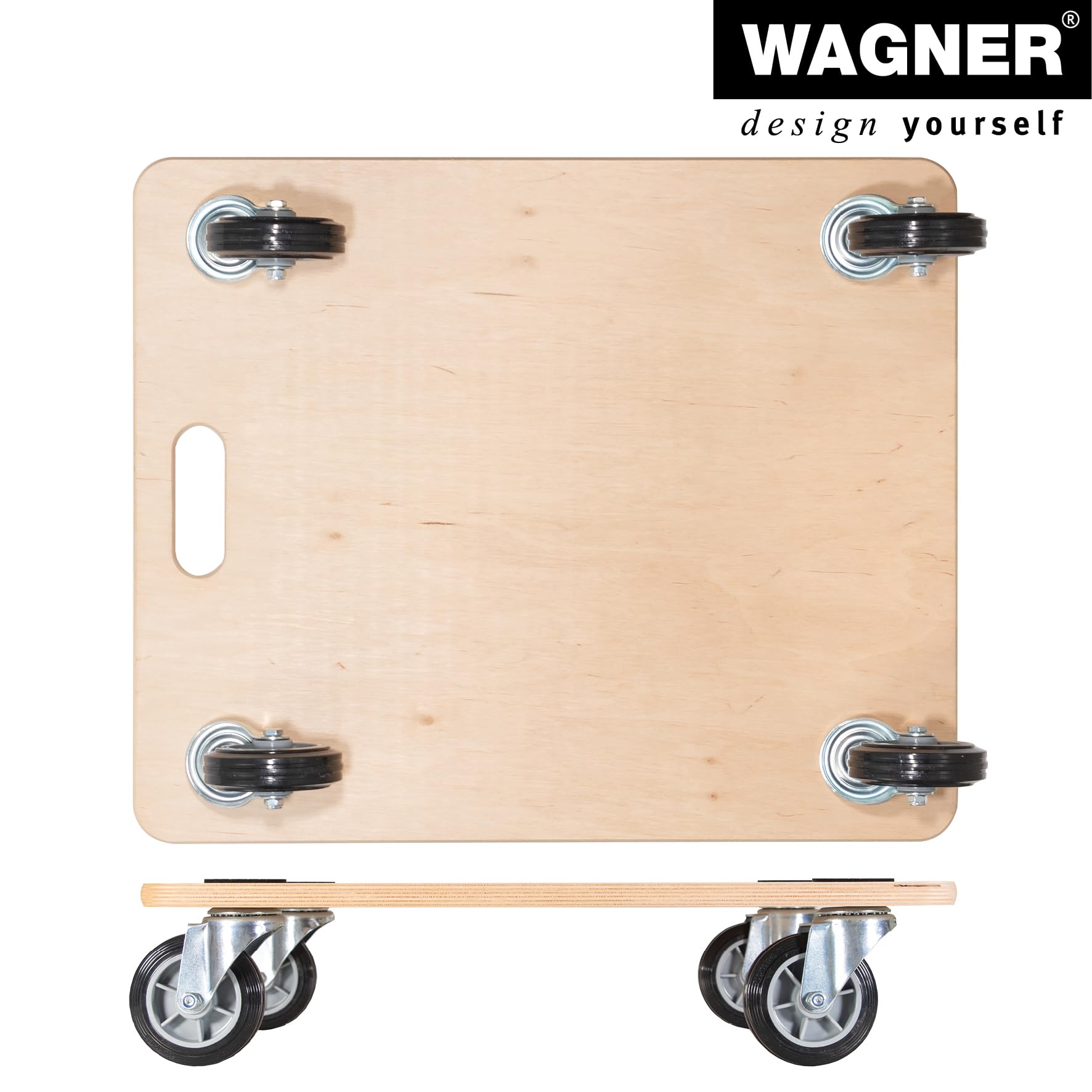 WAGNER Transportroller Transporthilfe 1087 I Schichtholz I 60 x 50 x 13,5 cm, Tragkraft 400 kg I Möbelroller für Umzüge I Schwerlastrollbrett Vollgummi Soft-Rollen I Tragegriff I FSC® I Made in DE