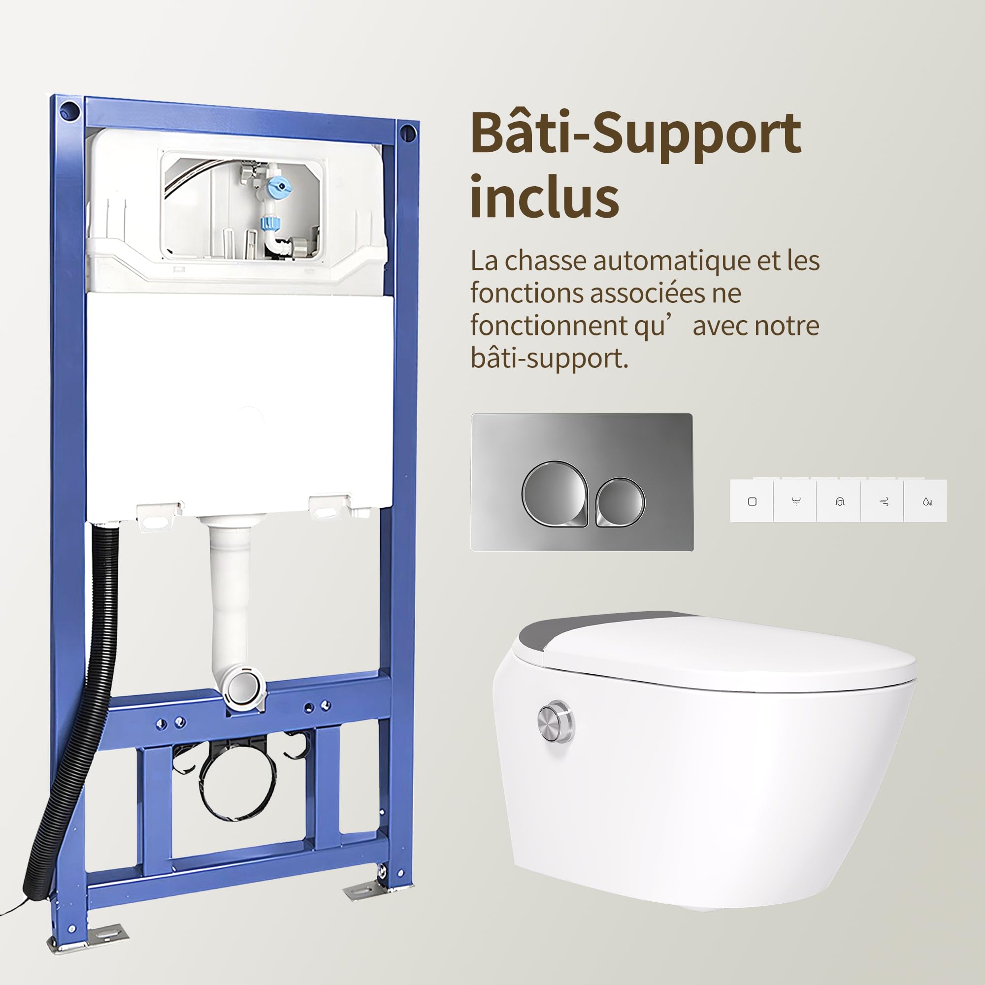 DeerValley Cuvette WC Lavant Suspendu Céramique avec Bâti-Support- Toilette Japonaise Intégrée, Fonction Bidet, Siège Chauffant, Buse Autonettoyante, Chasse Automatique, Télécommande