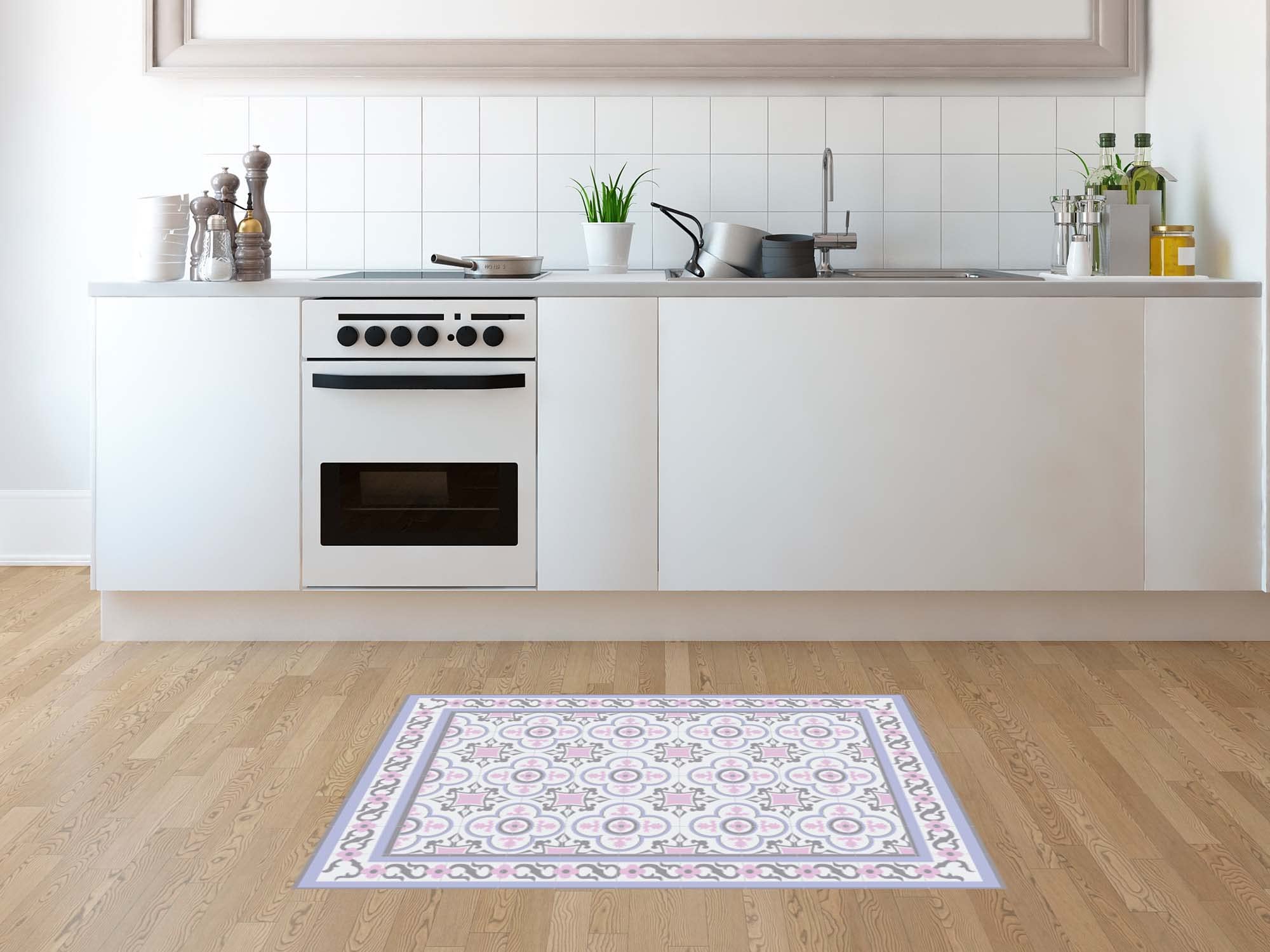 Oedim Tapis mosaïque vintage design lilas et rose, 120 x 95 cm, tapis de cuisine en vinyle, tapis de salon antidérapant, sol en vinyle