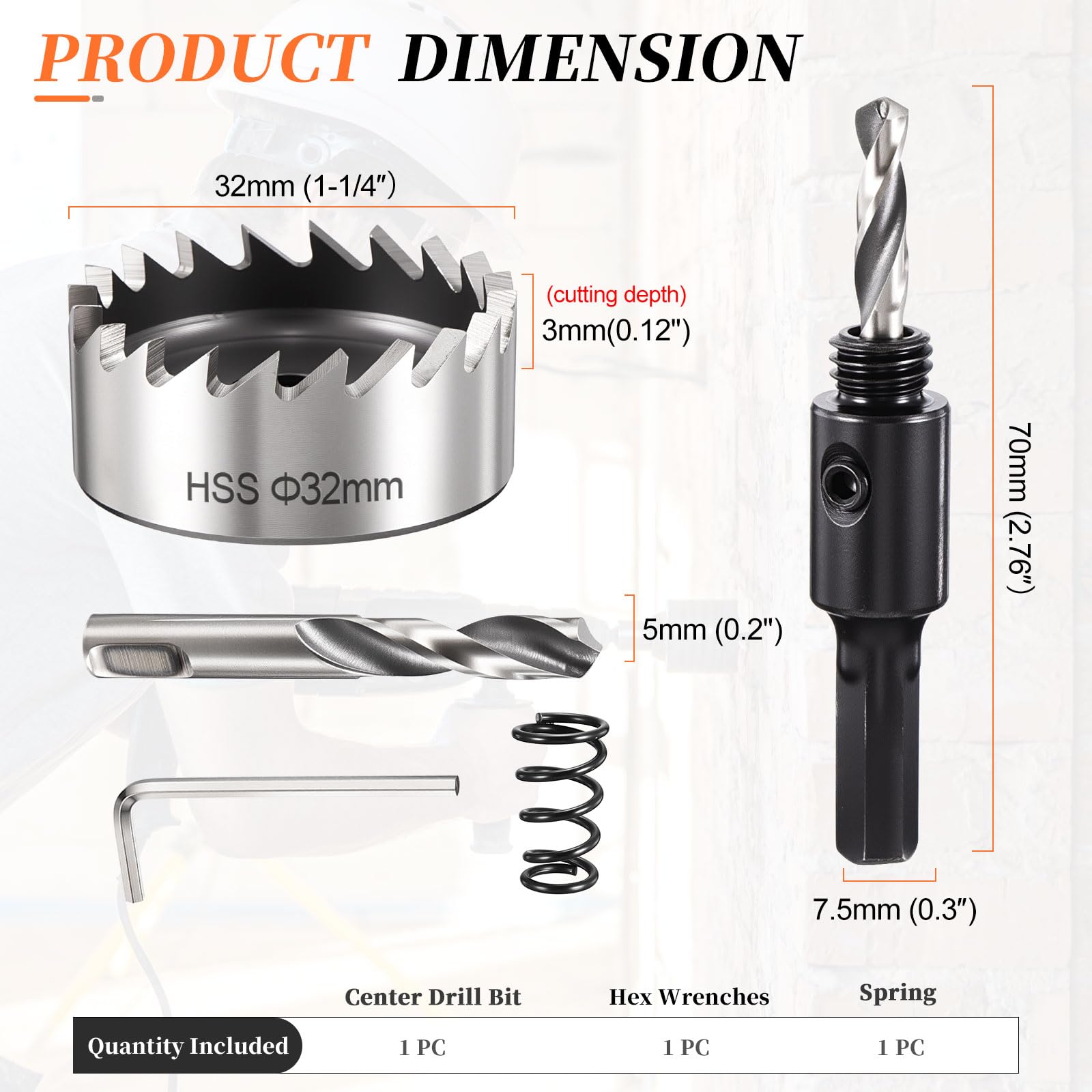 METALLIXITY Hole Saw 32mm (1-1/4"), 4241 High Speed Steel Hole Cutter with Center Drill Bit, Hex Key and Spring - Image 2