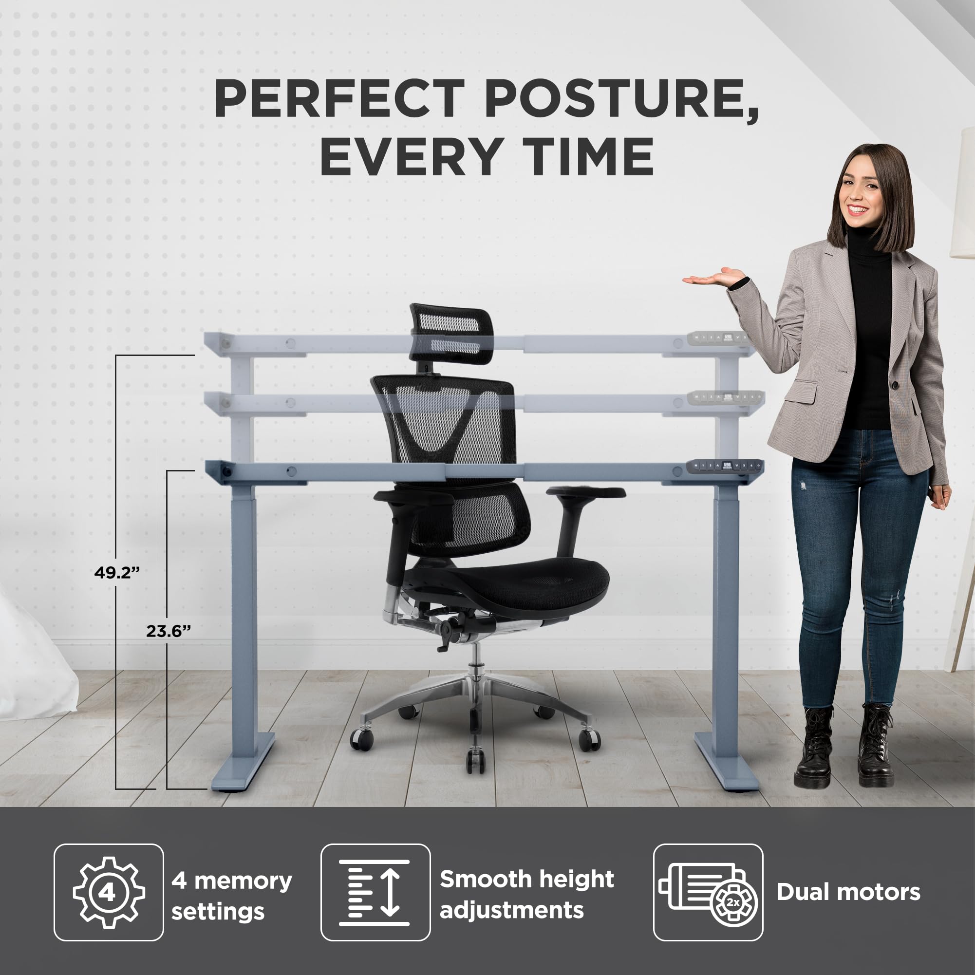 Uncaged Ergonomics Rise Up Dual Motor Electric Standing Desk Adjustable Height 60x30 Large Sit-Stand Computer Desk for Home — view 3