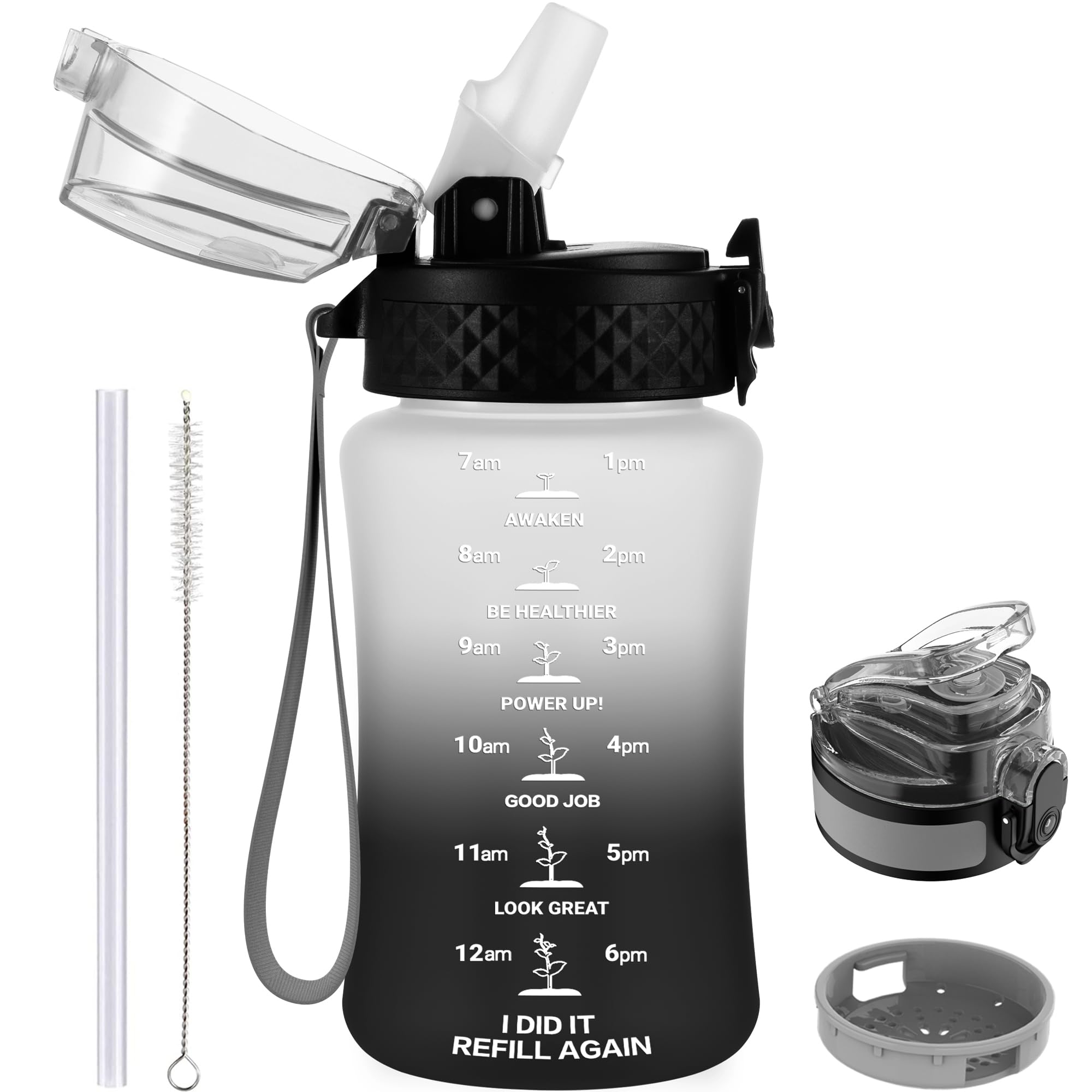 GOPPUS 350ml/12oz Kids Water Bottle With Straw Tritan Drinks Bottle with Strap Small Toddler Juice Bottles with Flip Top Lid Leakproof Children's Cup with Time Marking BPA free Girl Boy (White Black)