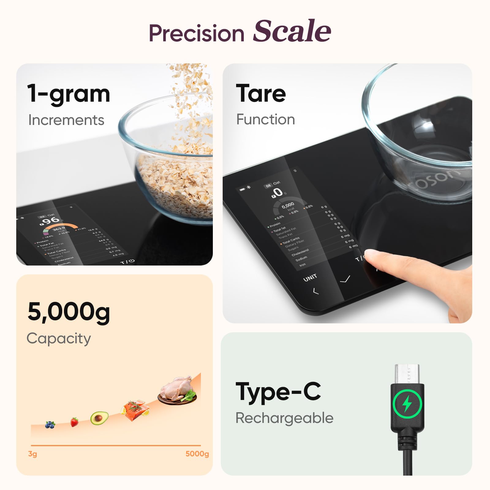 COSORI Bilancia digitale intelligente da cucina con calcolatrice nutrizionale, informazioni nutrizionali su schermo, app gratuita per il monitoraggio delle calorie e delle macro, scansione AI