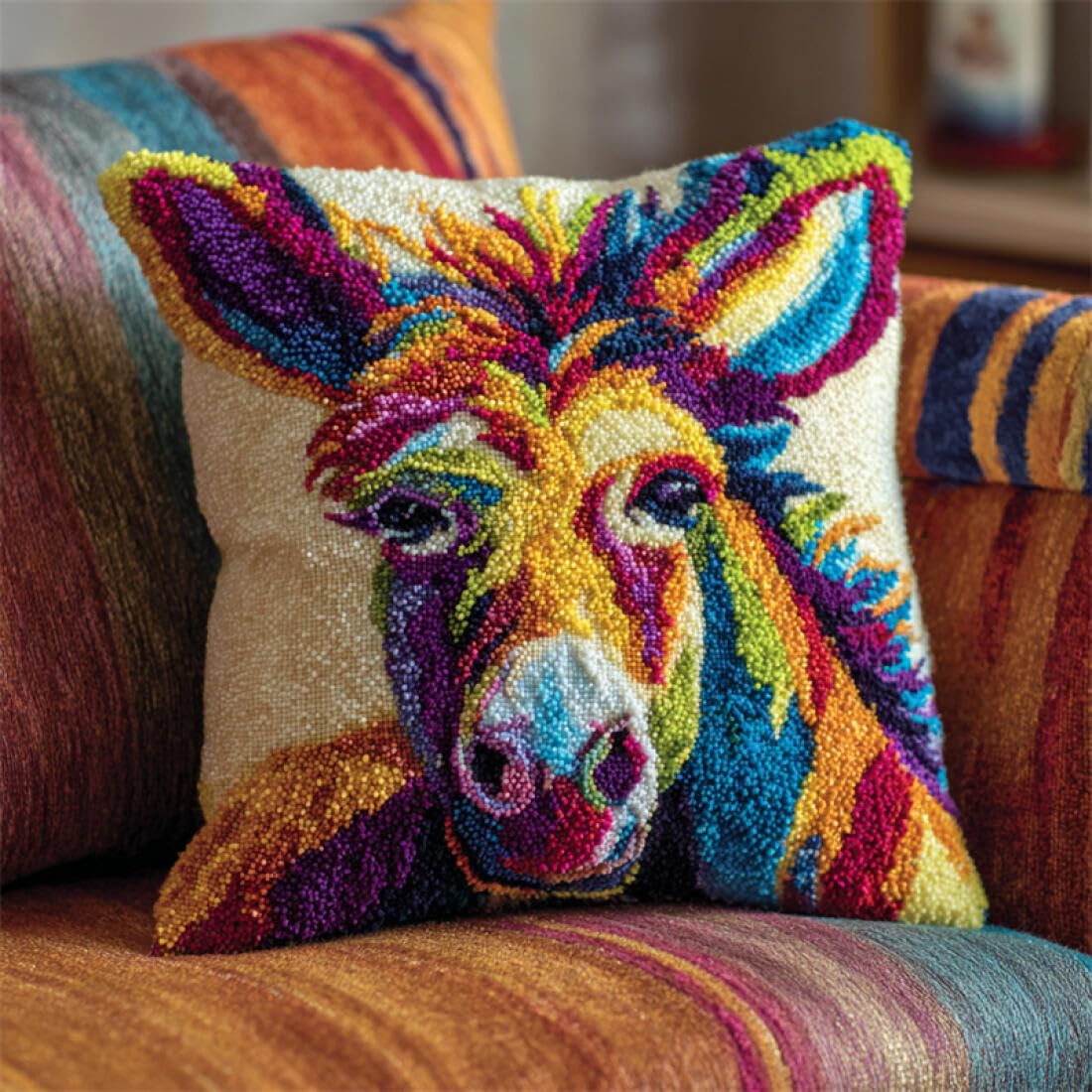 Kitquiver Animal Latch Hook Kits for Adults Cartoon Donkey Latch Hook Kit Pillow DIY Rug Crochet Hook Cushion Making Kits with Preprinted Pattern Canvas 17x17In