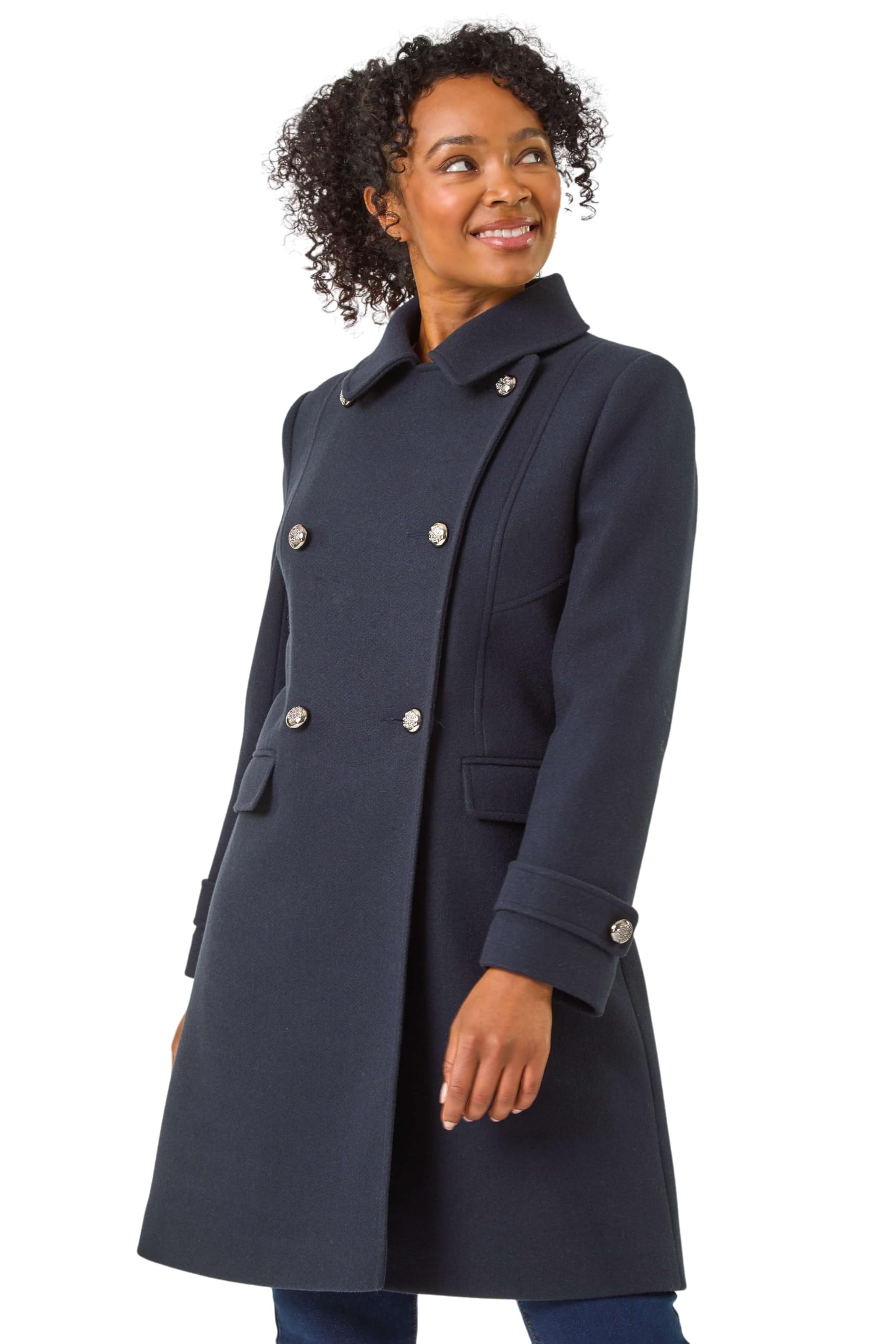 Roman Originals Women's Petite Navy Petite Double Breasted Military Coat For Uk - Everyday Holiday Autumn Winter Long Sleeves Comfy Soft Evening Vacation Work Smart Party - Size 12 Petite