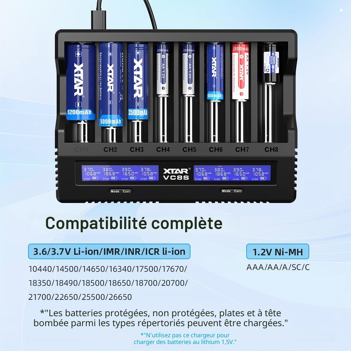 XTAR VC8S 18650 Chargeur de batterie universel, USB C, chargeur rapide avec écran LCD, test de capacité et 8 emplacements de charge pour batteries rechargeables 1,2 V AA 21700 26650, chargeur de