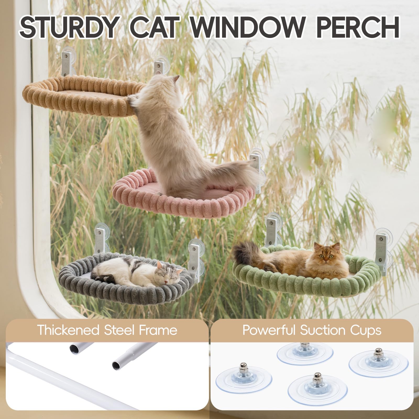 MEWOOFUN Plüsch Katzen hängematte Fenster mit abnehmbarem wendbarem Bezug – weicher Katzen fensterliege mit verdicktem Stahlrahmen, katzenbett Fenster mit 4 Saugnäpfen Stabiler Halt bis 18kg, Kamel