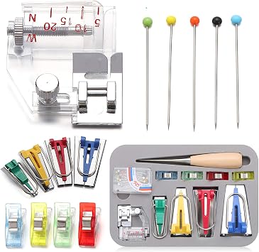 Bias Tape Tool Kit, 4 Sizes Bias Tape Maker 6mm 12mm 18mm 25mm with Wooden Awl, Adjustable Bias Binder Foot, 4 Pcs Sewing Clips, 50Pcs Ball Point Pins, for Fabric Sewing and Quilting