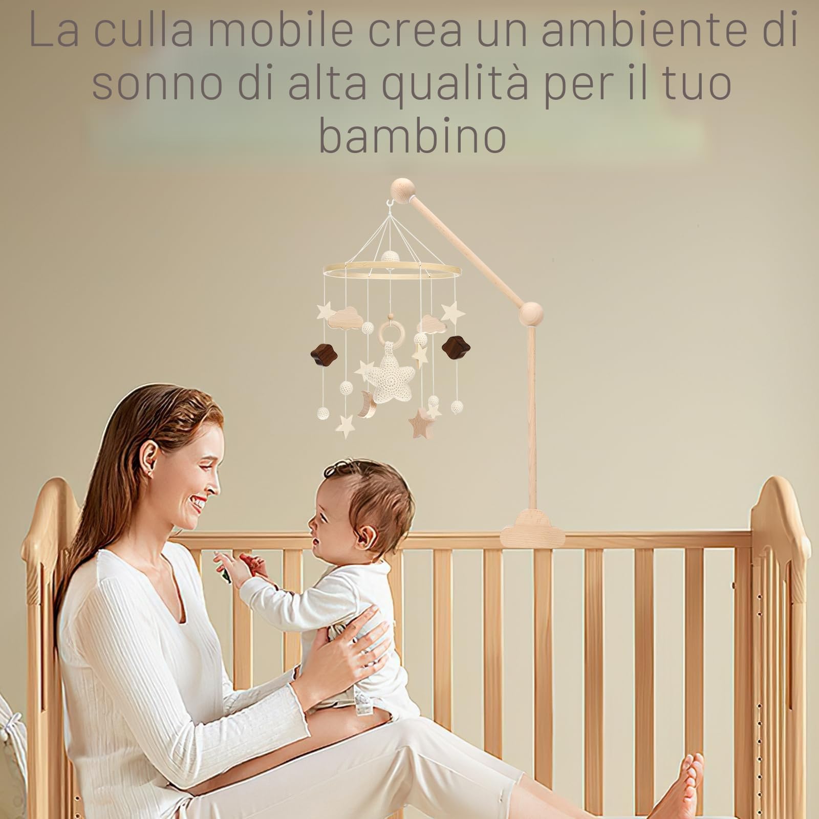 Farerkass Supporto Per Cellulare Per Lettino, Supporto Per Cellulare Nuvole In Legno, Supporto Per Giostrina Regolabile In Altezza In Legno, Gancio Rimovibile, Adatto Per Lettini E Fasciato