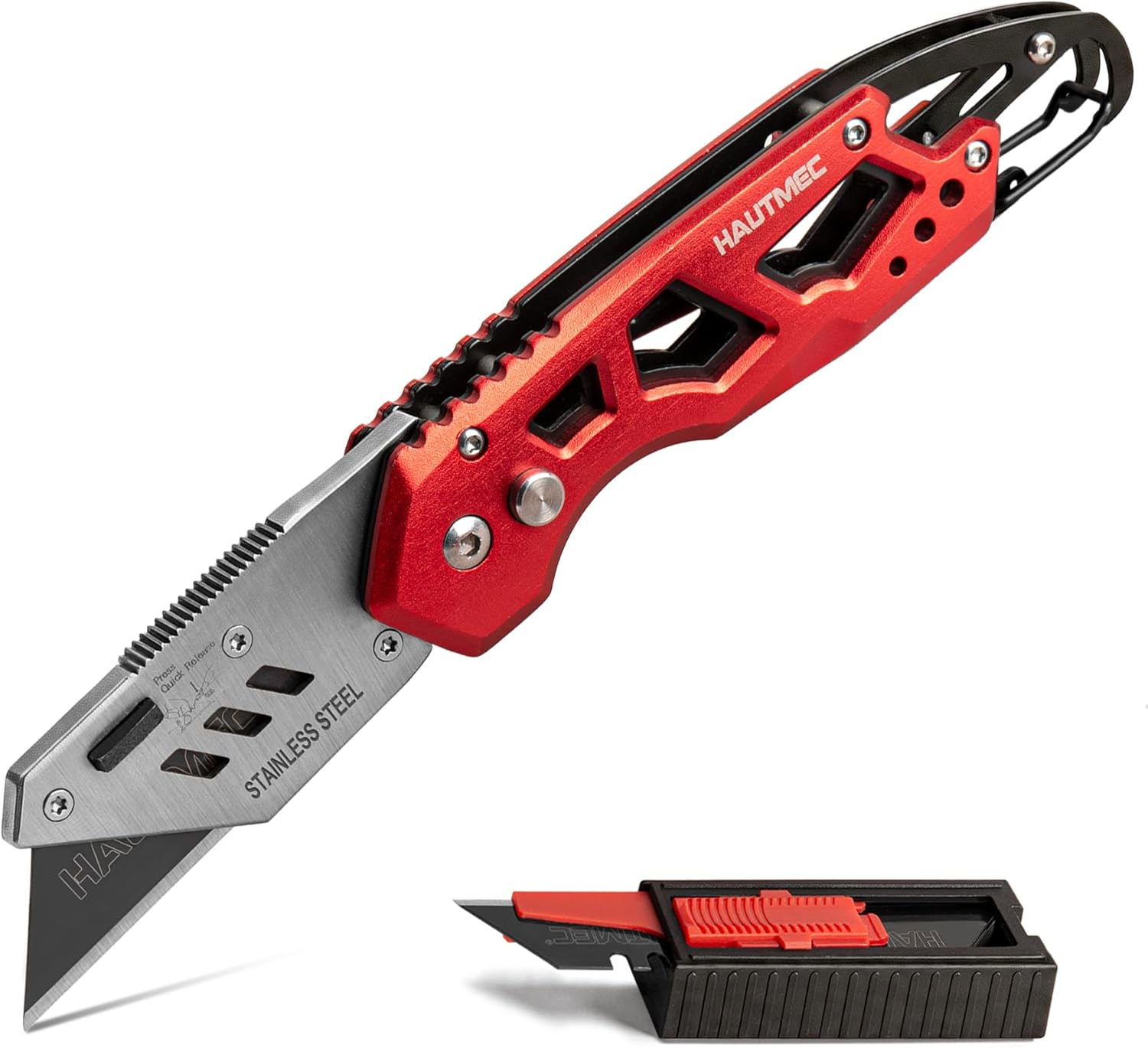 HAUTMEC Heavy-Duty Utility Knife Folding Box Cutter with 10 SK2H Blades + 100-Pack SK2 Razor Blades with Safe Dispenser – Quick-Change, Safety Lock, Carabiner & Belt Clip - 110 Blades