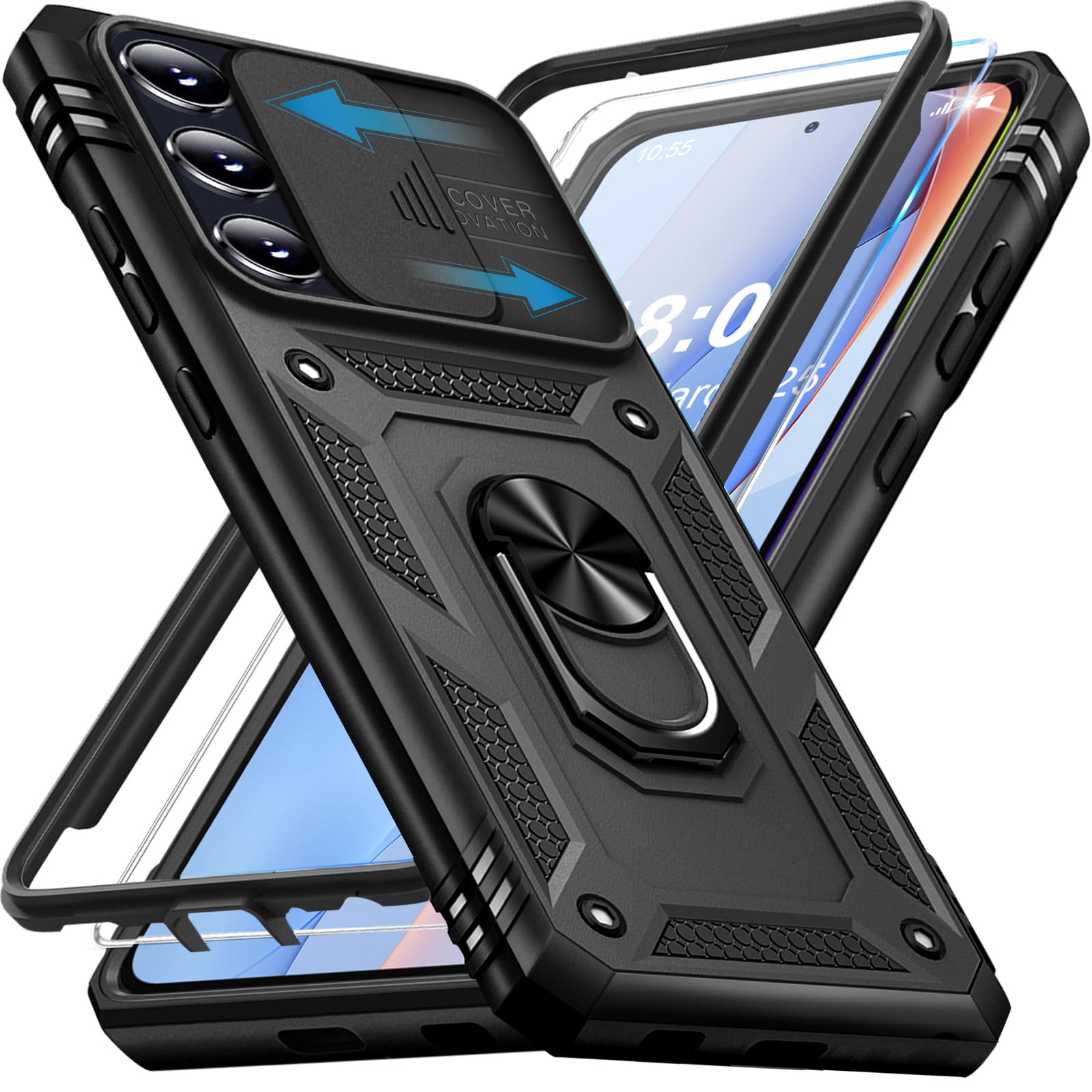Giyer für Samsung Galaxy A35 5G Hülle mit Schutzfolie, Handyhülle A35 5G Tache mit Kameraschutz 360° Metall Ring Ständer Stoßfest Bumper Schutzhülle Samsung A35 Case Cover (Schwarz)