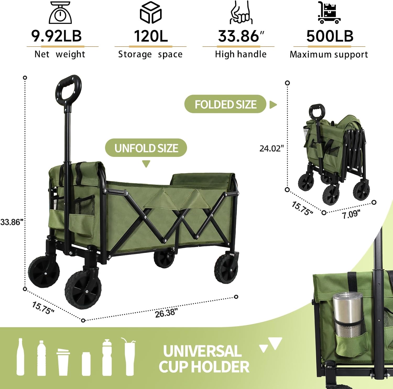 Foldable Wagon Cart, Collapsible Utility Wagon with All Terrain Wheels, Portable Folding Cart for Camping Garden Shopping Grocery Sports (Green, Medium Without Tailgate)
