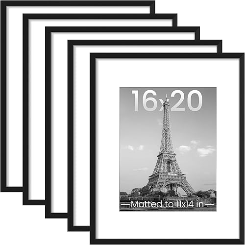 upsimples 16x20 Picture Frame Set of 5, Display Pictures 11x14 with Mat or 16x20 Without Mat, Wall Gallery Poster Frames, Black